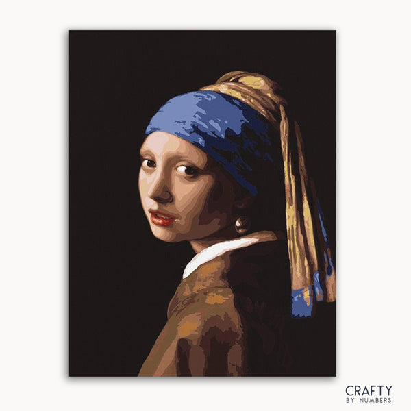 A paint-by-numbers kit featuring the famous painting 'The Girl with a Pearl Earring' by Johannes Vermeer.
