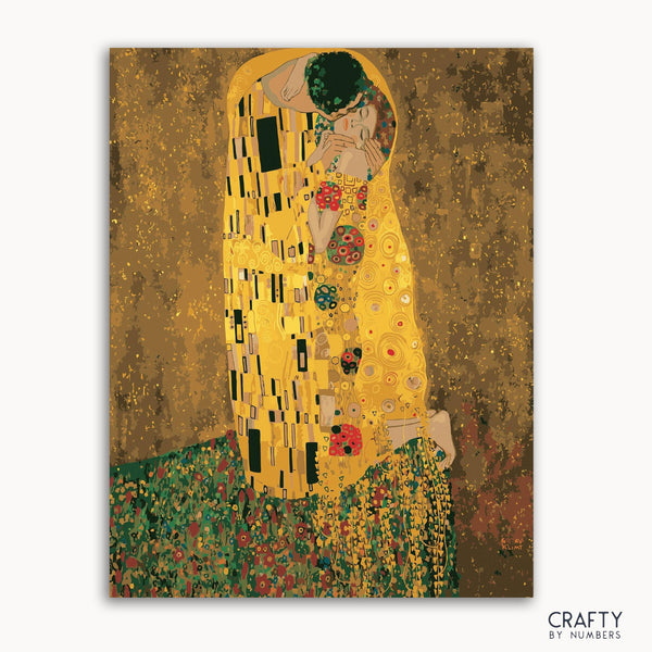 The product image shows a paint by numbers kit with the famous artwork 'The Kiss' by Gustav Klimt, featuring abstract, colorful shapes on a canvas.