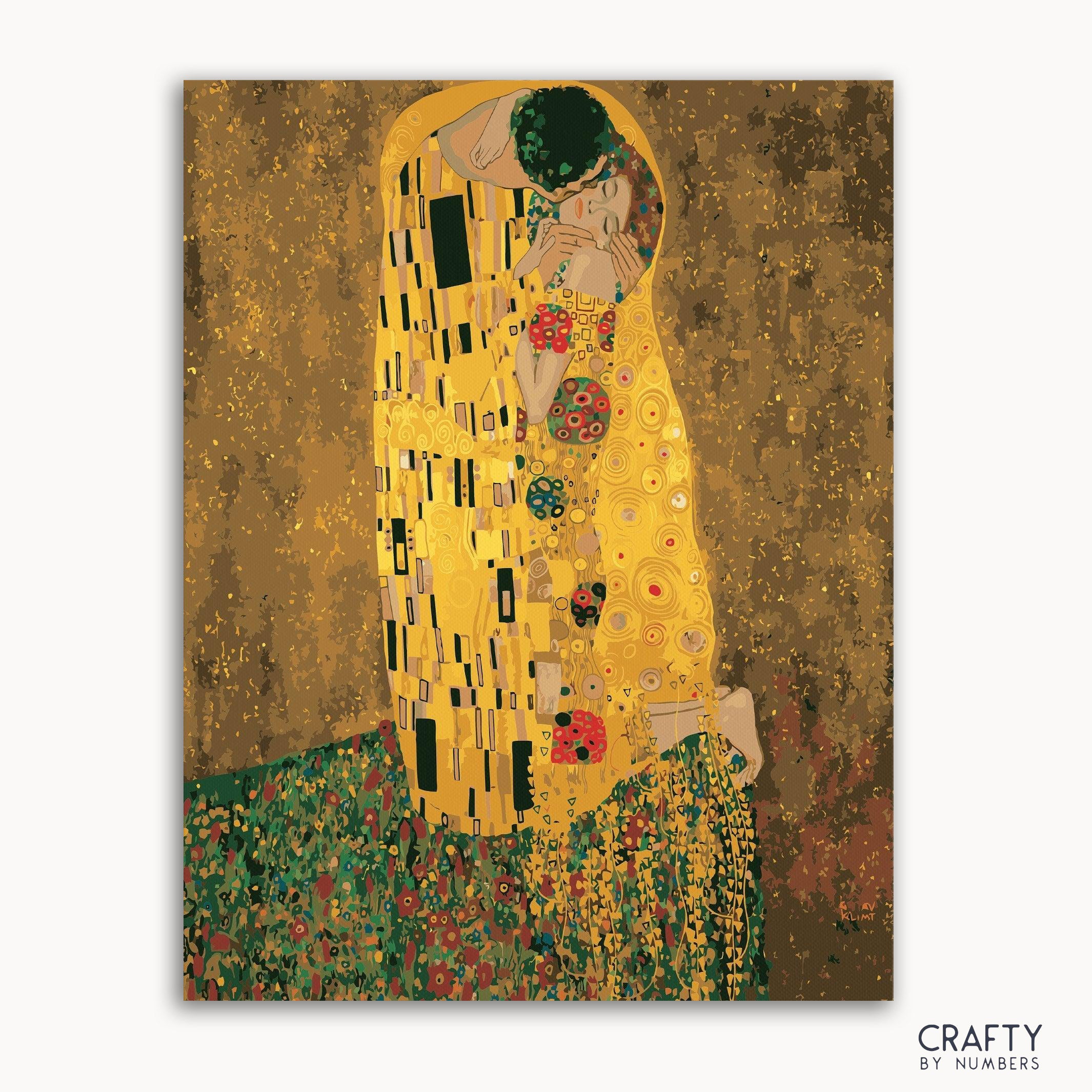 The product image shows a paint by numbers kit with the famous artwork 'The Kiss' by Gustav Klimt, featuring abstract, colorful shapes on a canvas.