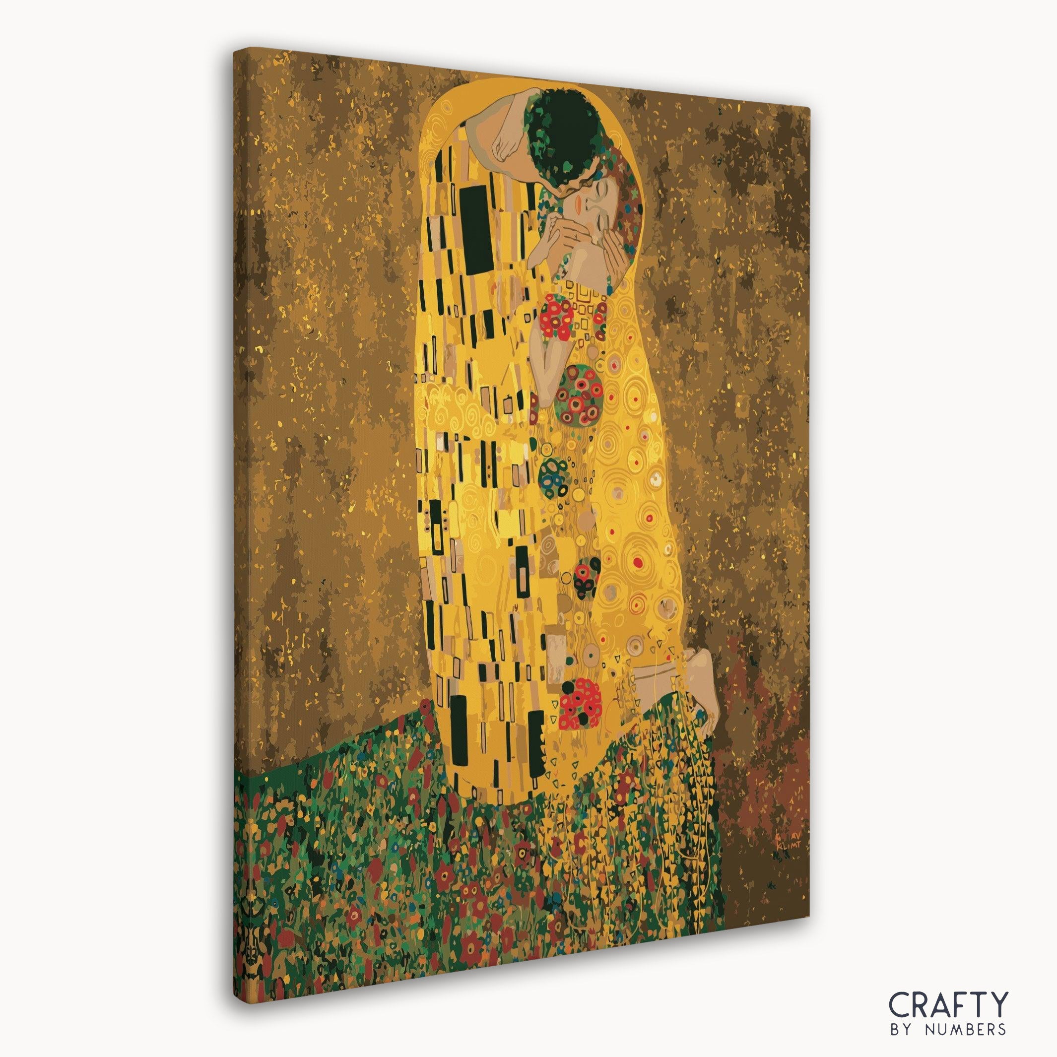 Romantic couple in The Kiss painting recreated in paint by numbers