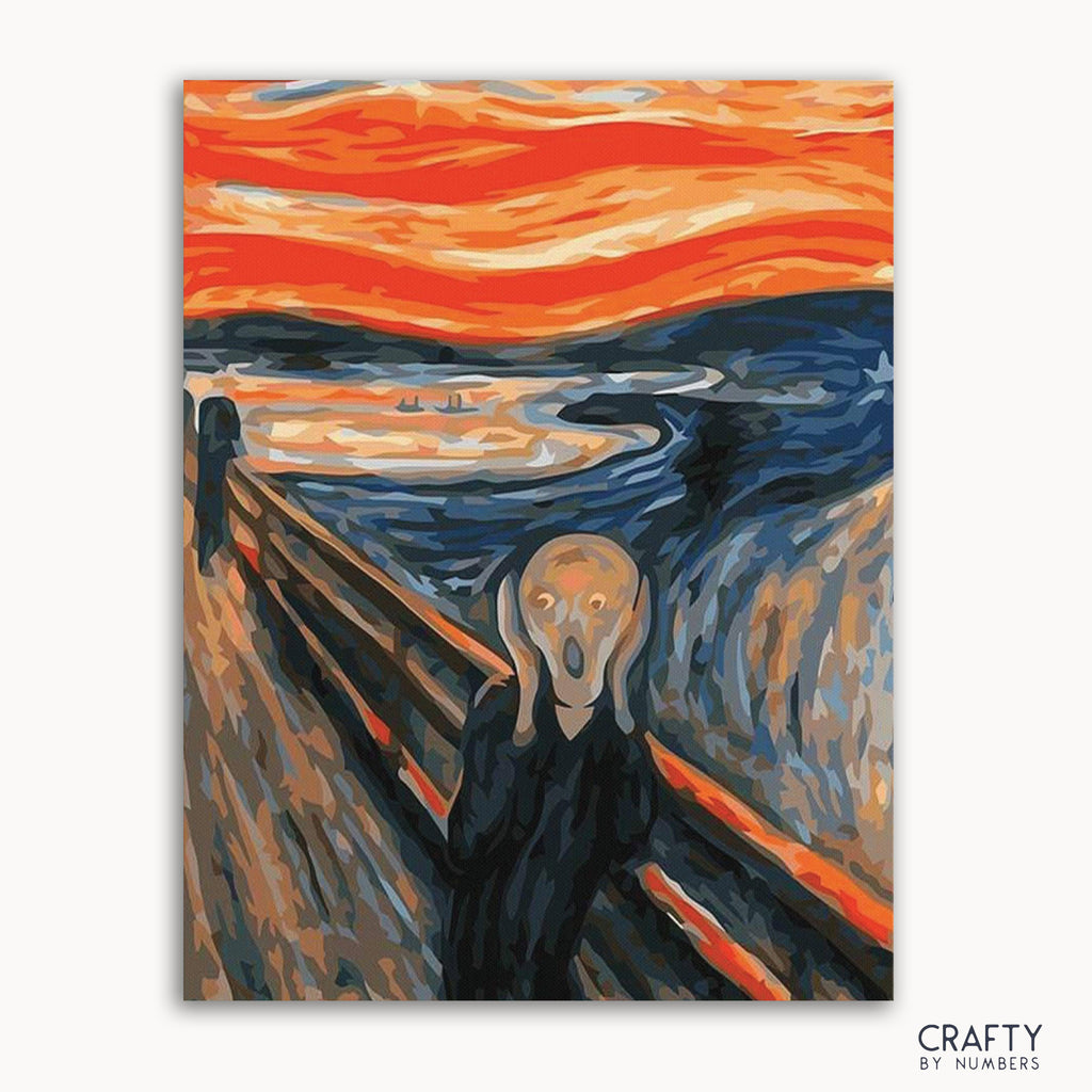 A paint-by-numbers kit featuring 'The Scream' by Edvard Munch, with distinct orange and blue tones and a human figure Screaming.