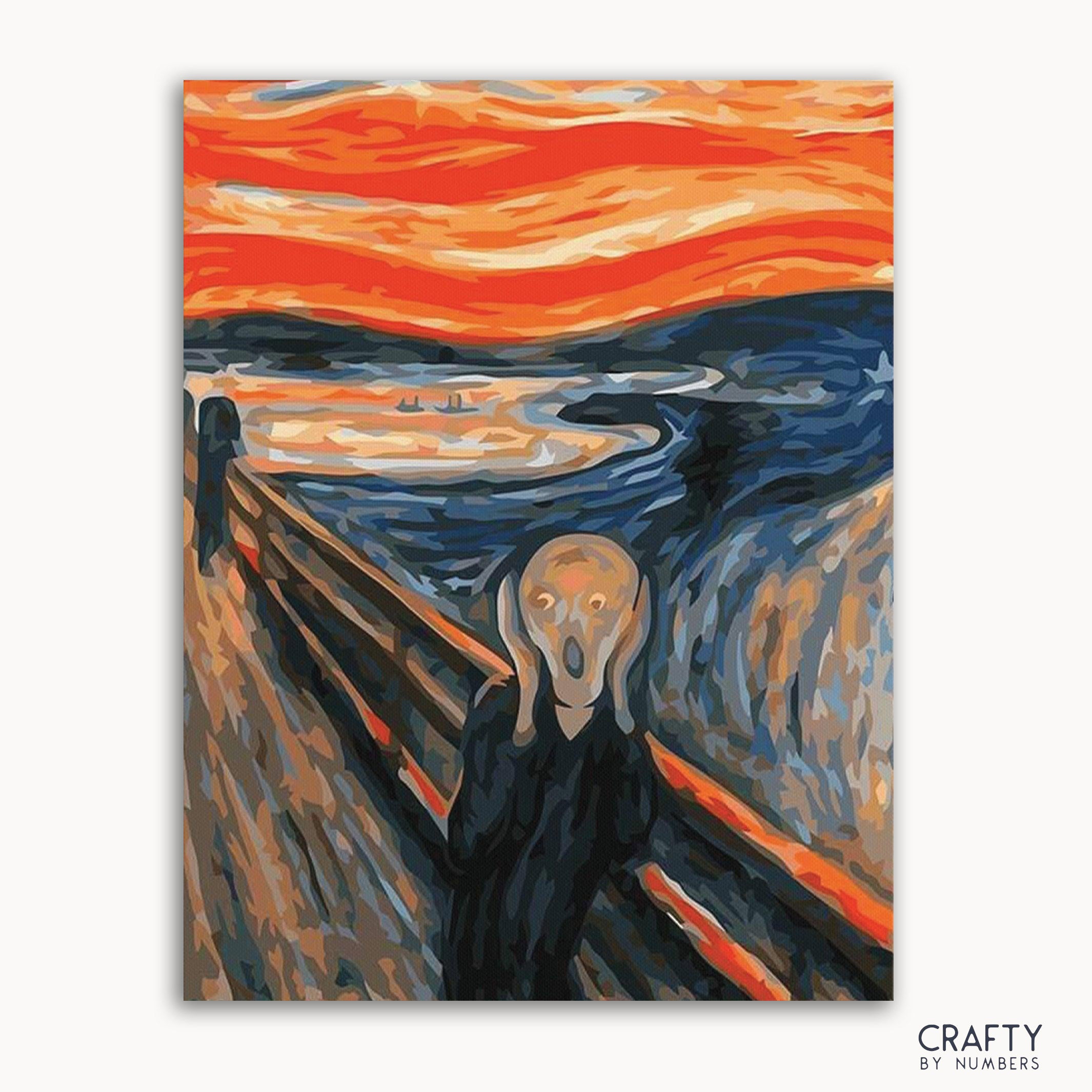 A paint-by-numbers kit featuring 'The Scream' by Edvard Munch, with distinct orange and blue tones and a human figure Screaming.
