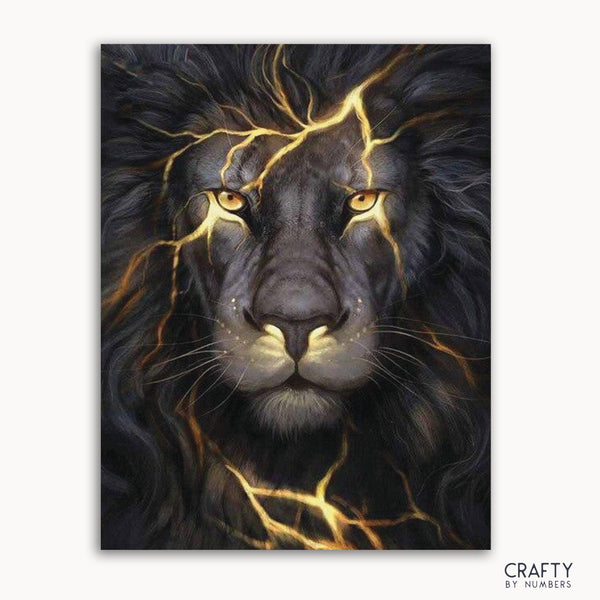 A paint by numbers kit featuring a black lion with gold accents on a puzzle-like board.