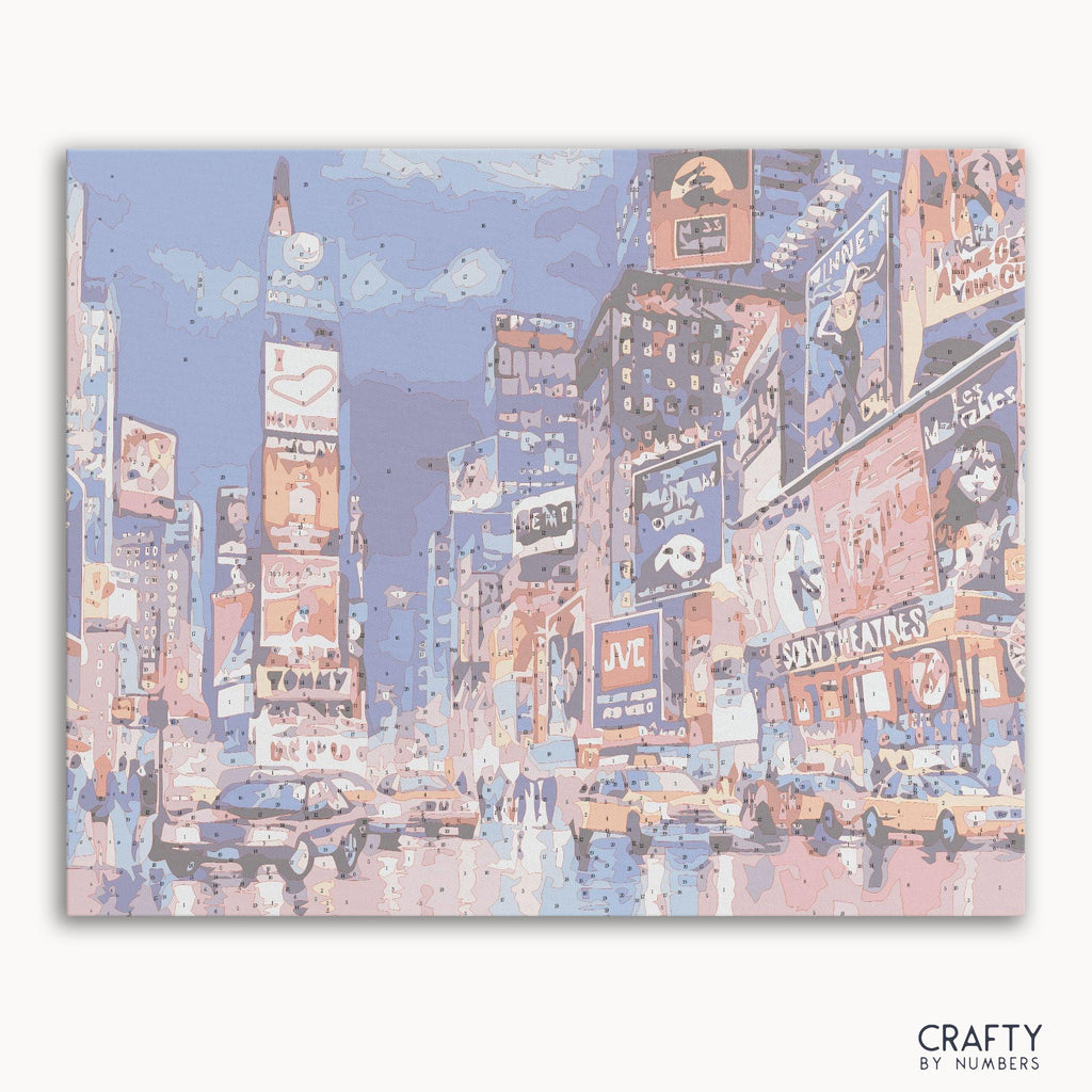 Times Square paint by number artwork inspired by famous paintings featuring vibrant city lights and famous landscape paintings.