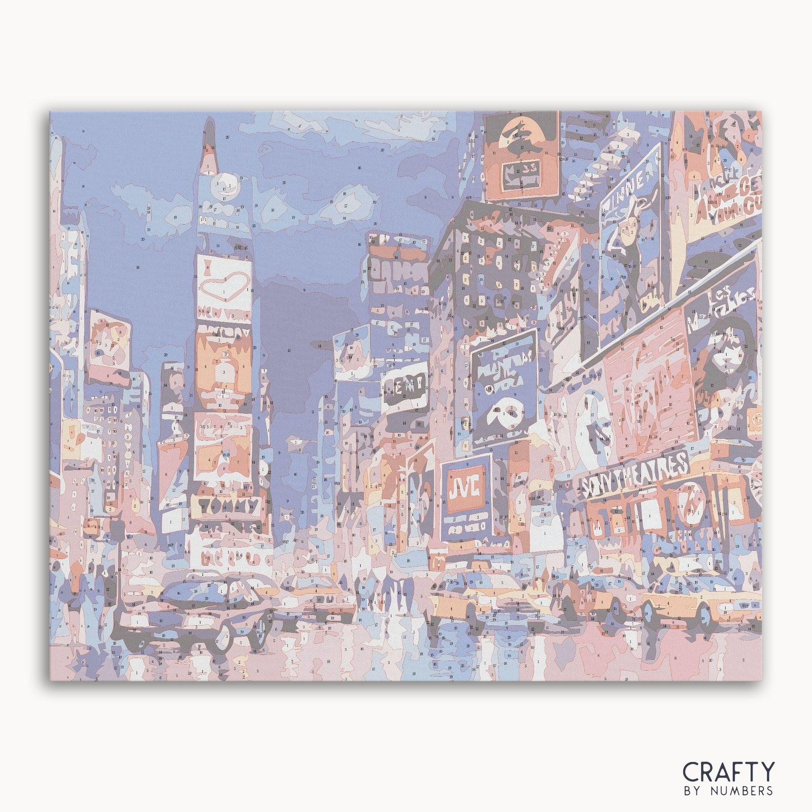 Malen-nach-Zahlen-Kunstwerk am Times Square, inspiriert von berühmten Gemälden mit lebendigen Stadtlichtern und berühmten Landschaftsgemälden.