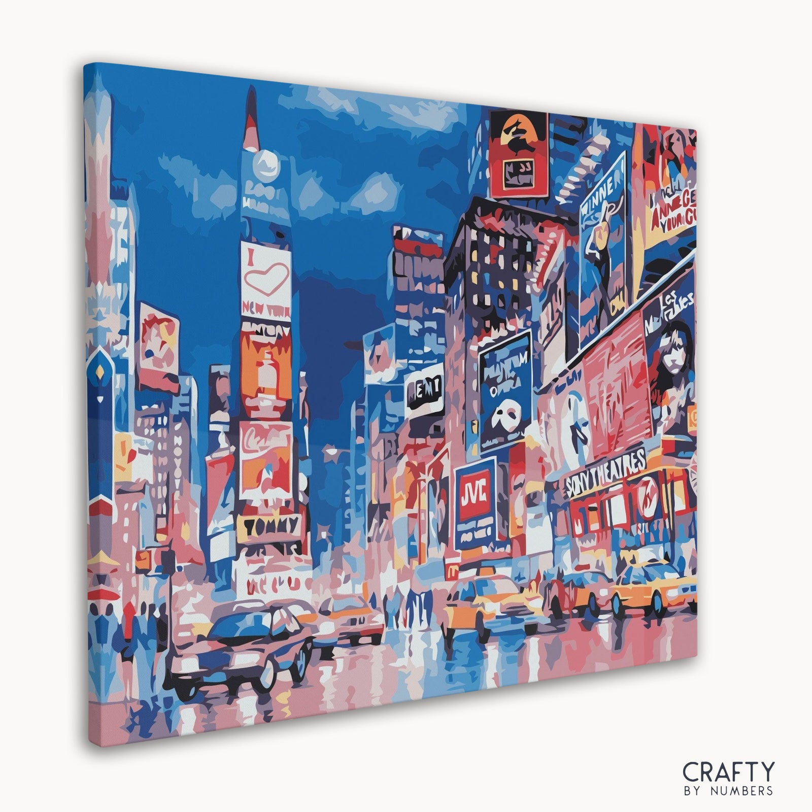 Eine detaillierte Malen-nach-Zahlen-Szene am Times Square, die Stile aus den berühmten Gemälden von Vincent Van Gogh und den berühmten abstrakten Gemälden enthält.