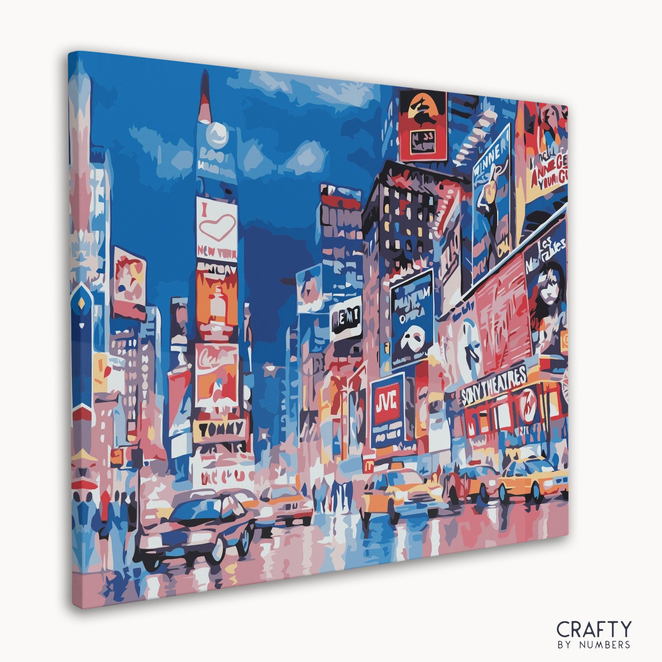 A detailed Times Square paint by number scene incorporating styles from vincent van gogh famous paintings and famous abstract paintings.