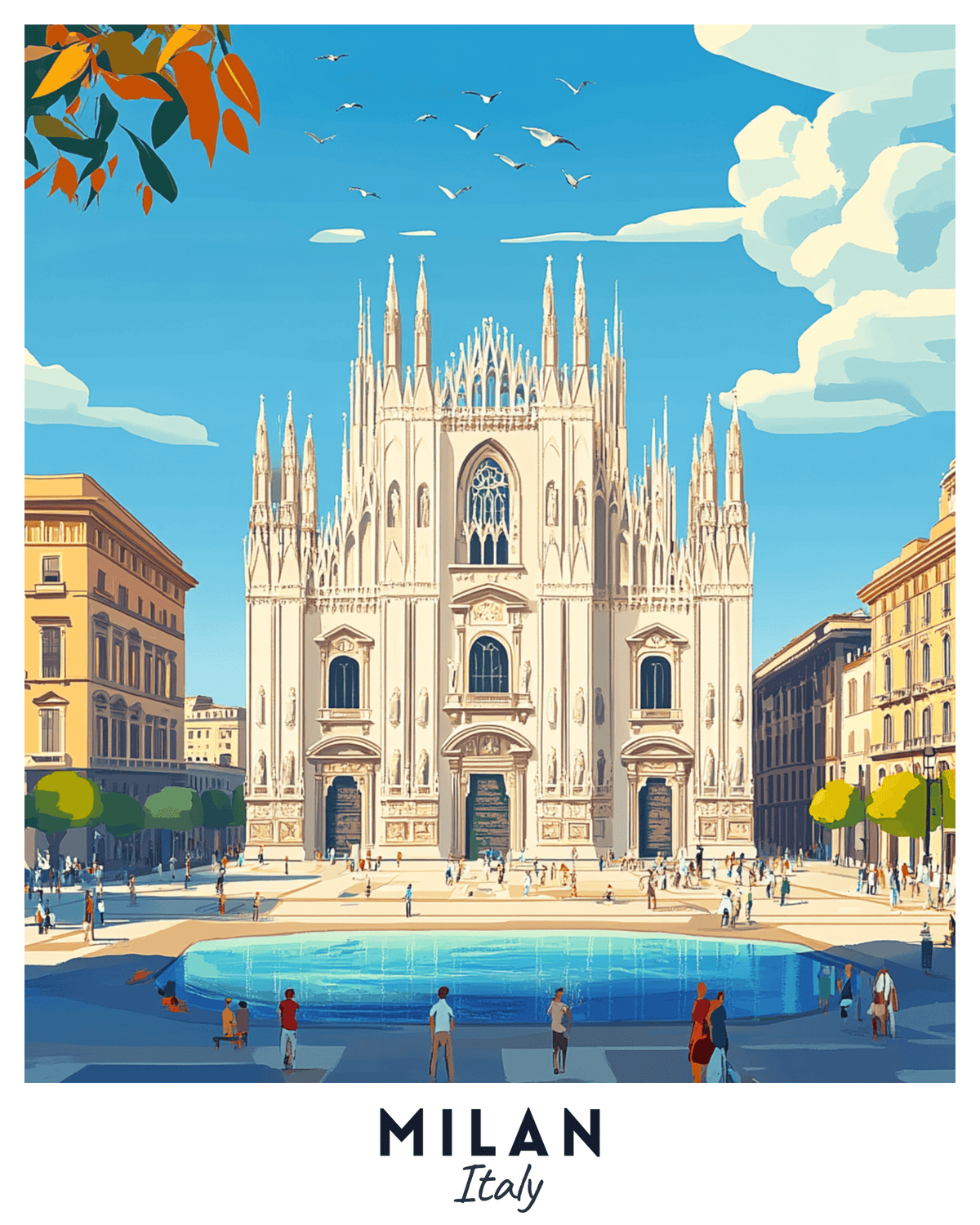 Ein Reiseplakat, das den Duomo di Milano in Mailand, Italien, mit einem klaren blauen Himmel, Menschen vor der Kathedrale und dem Namen „Milan Italy“ unten zeigt.