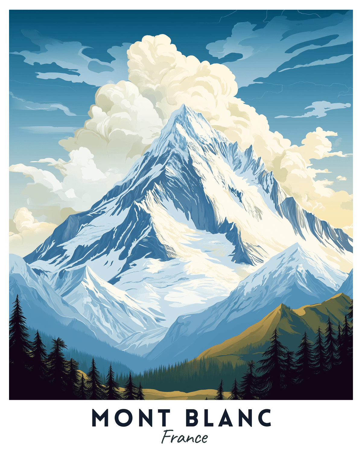 Ein Reiseplakat, das den Mont Blanc, einen schneebedeckten Berg, mit blauem Himmel und weißen Wolken zeigt. Das Poster zeigt einen grünen Vordergrund mit Bäumen und der Bergkette im Hintergrund.
