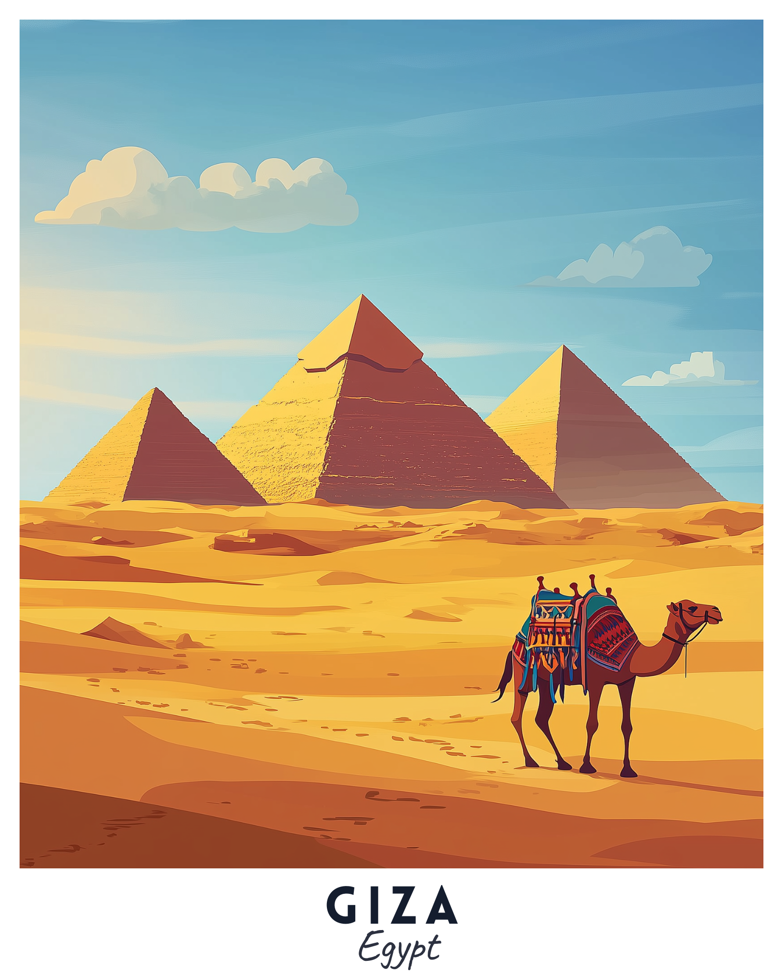 A travel poster depicting the Great Pyramids of Giza with a camel in the foreground, set against a desert backdrop with a clear sky. The text 'Giza Egypt' is visible on the bottom.