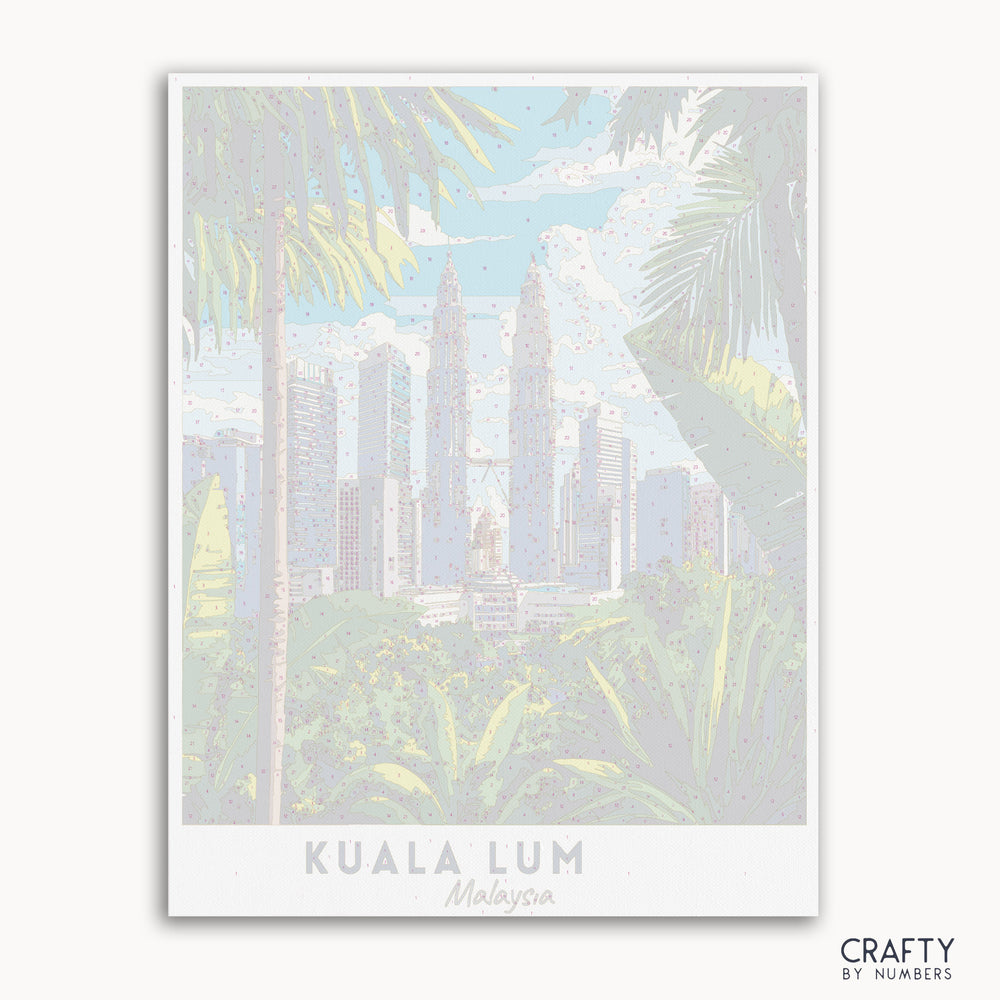 A paint by number Canvas of travel poster depicting the skyline of Kuala Lumpur, Malaysia, with the Petronas Twin Towers