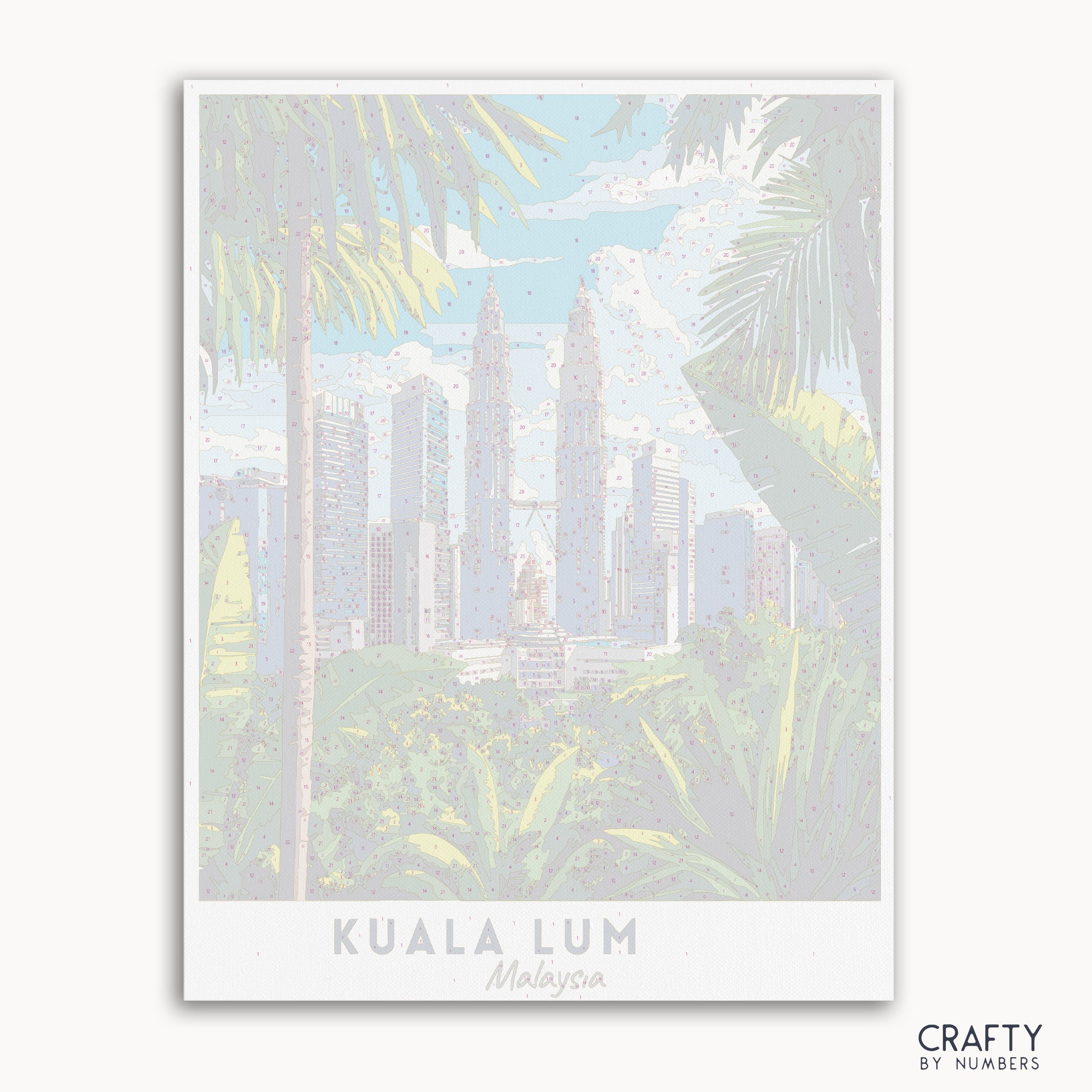 A paint by number Canvas of travel poster depicting the skyline of Kuala Lumpur, Malaysia, with the Petronas Twin Towers