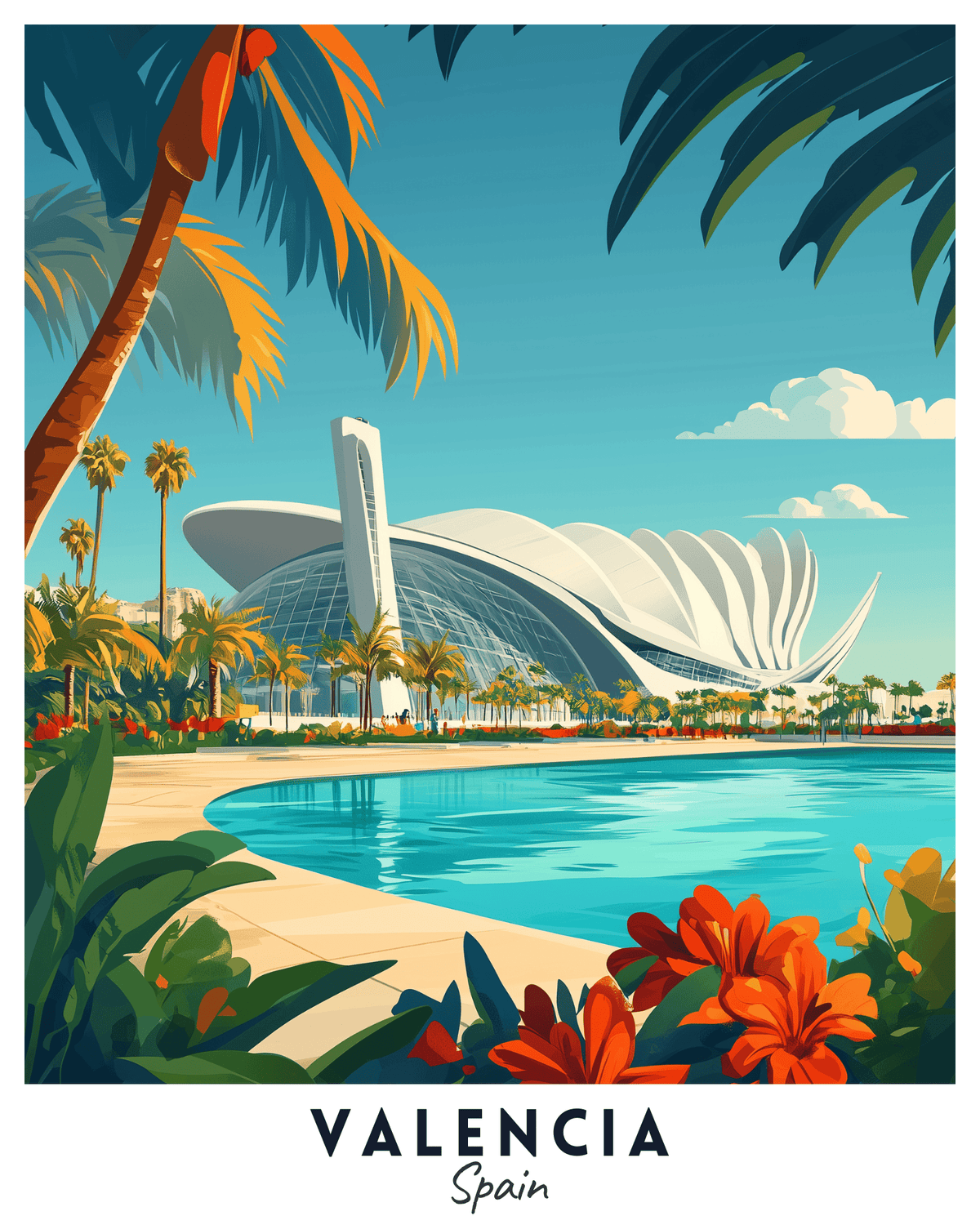 Une affiche de voyage présentant l'architecture futuriste de la Cité des Arts et des Sciences de Valence, en Espagne, avec des palmiers, un ciel bleu et des fleurs éclatantes.