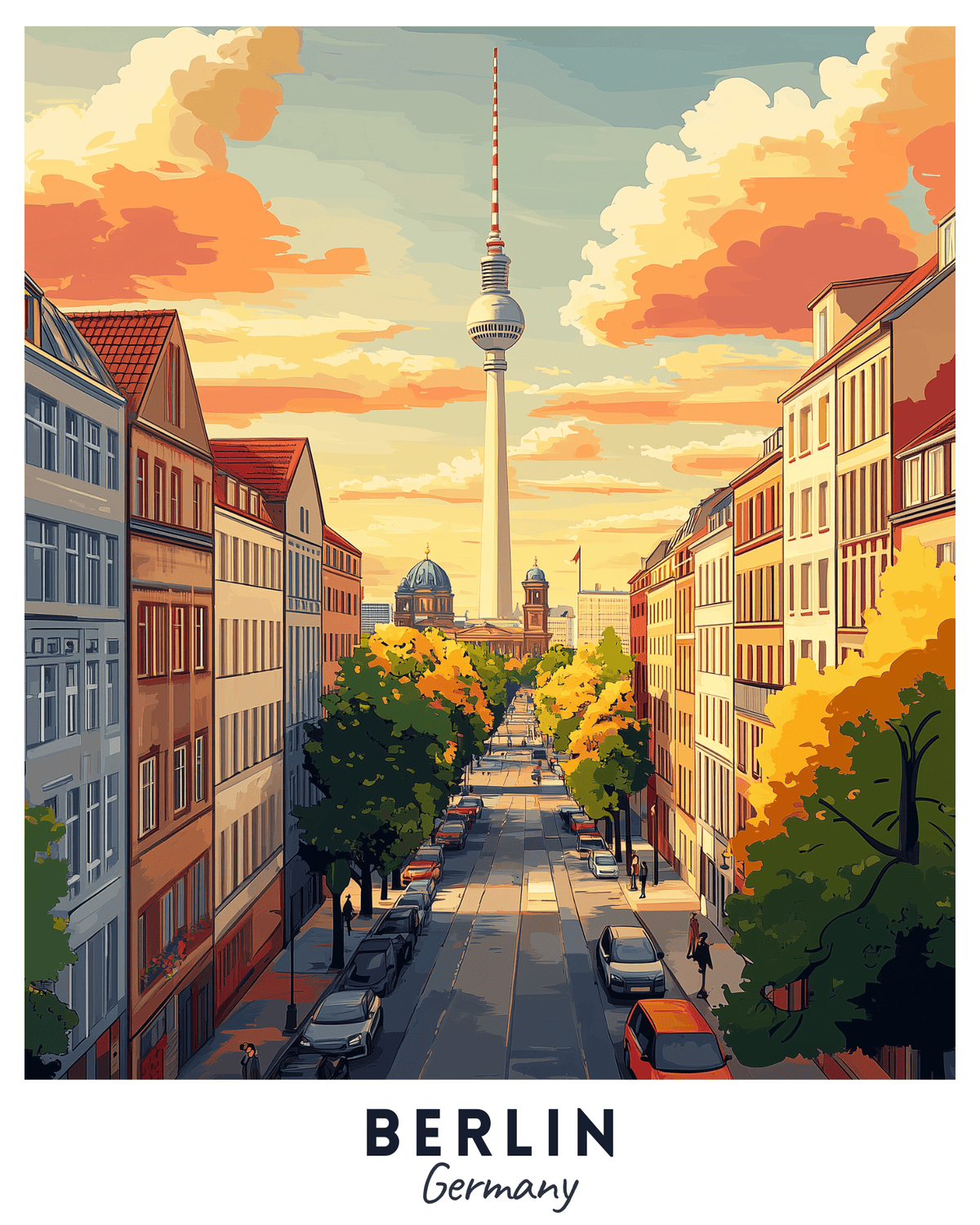 Un kit de peinture par numéros représentant une affiche de voyage de Berlin, montrant le paysage urbain avec la tour Fernsehturm et un ciel coucher de soleil.