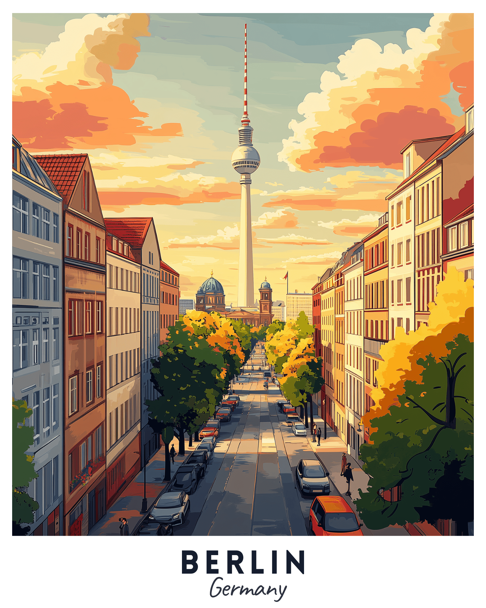 A paint by numbers kit depicting a travel poster of Berlin, showing the cityscape with the Fernsehturm tower and a sunset sky.