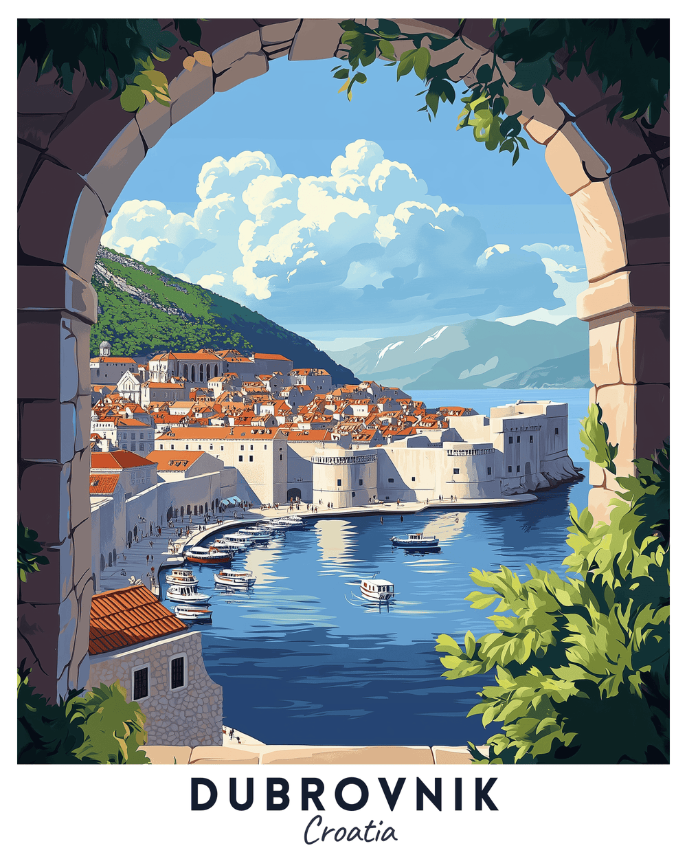 A paint by numbers kit depicting a travel poster of Dubrovnik, Croatia, with a scenic view of the city and the sea.