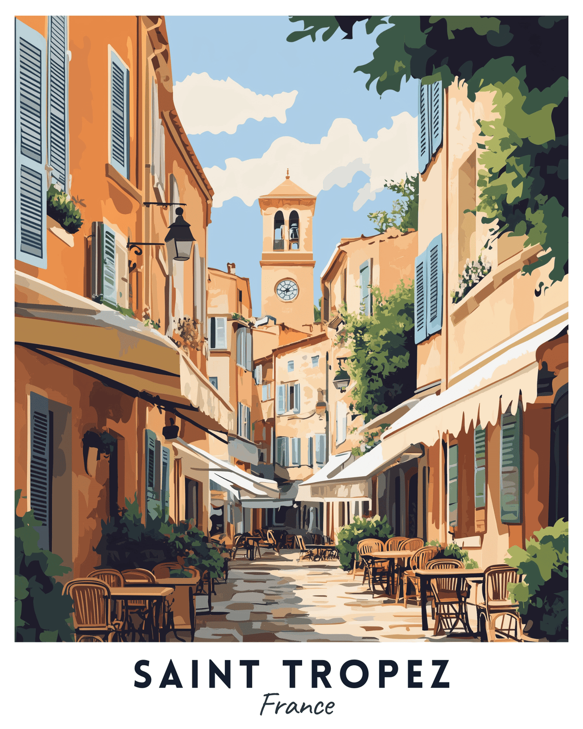 Un kit de peinture par numéros représentant une scène vibrante de Saint Tropez avec des bâtiments et une tour d'horloge.