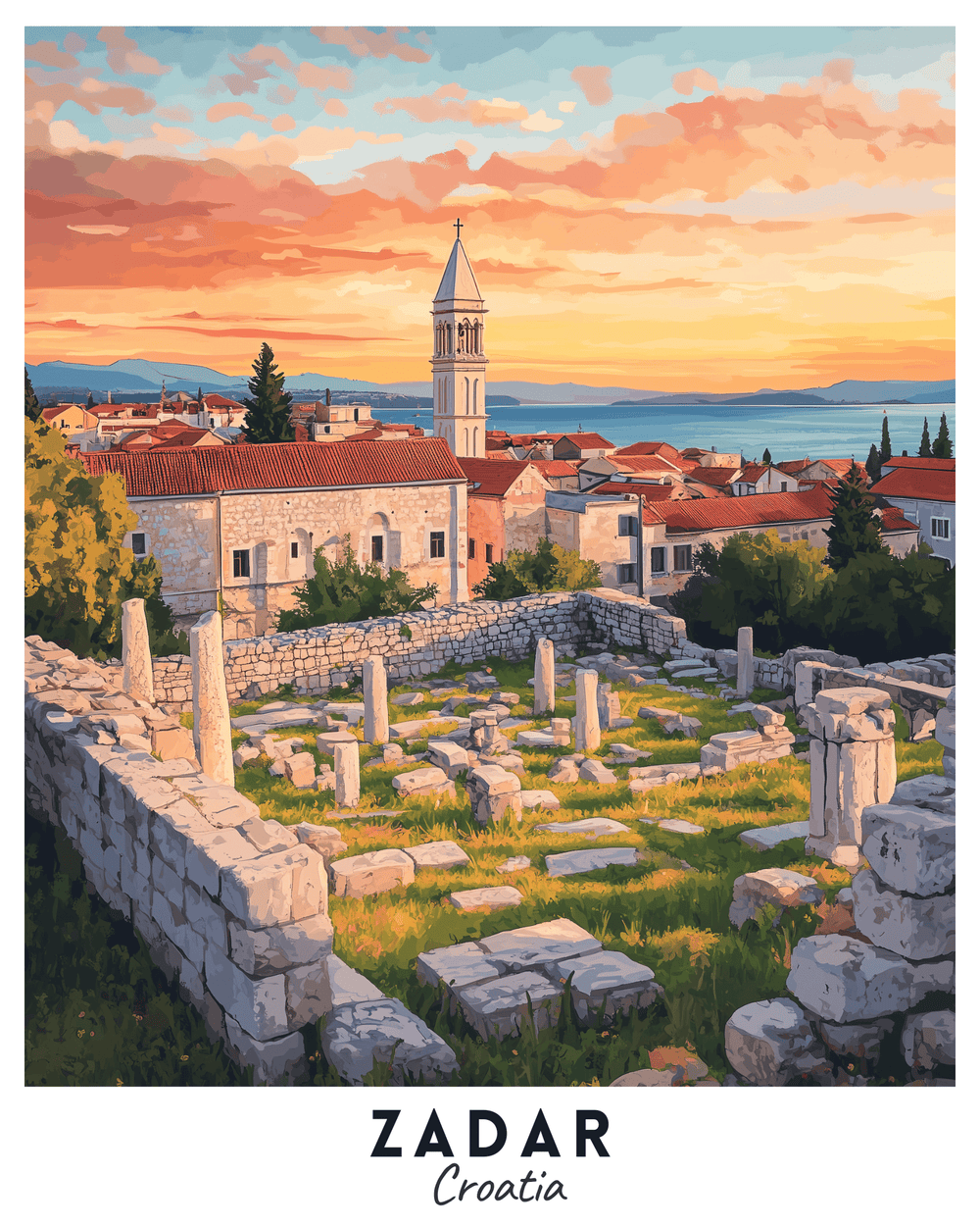 A paint by numbers kit depicting a travel poster of Zadar, Croatia, featuring the cityscape with the Roman ruins and a bell tower against a sunset sky. vibrant colors of craft by numbers travel poster.