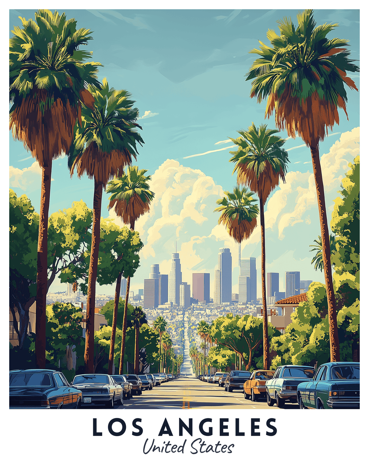 Ein Malen-nach-Zahlen-Reiseplakat, das von Palmen gesäumte Straßen in Los Angeles mit einem klaren blauen Himmel und einer fernen Skyline zeigt.