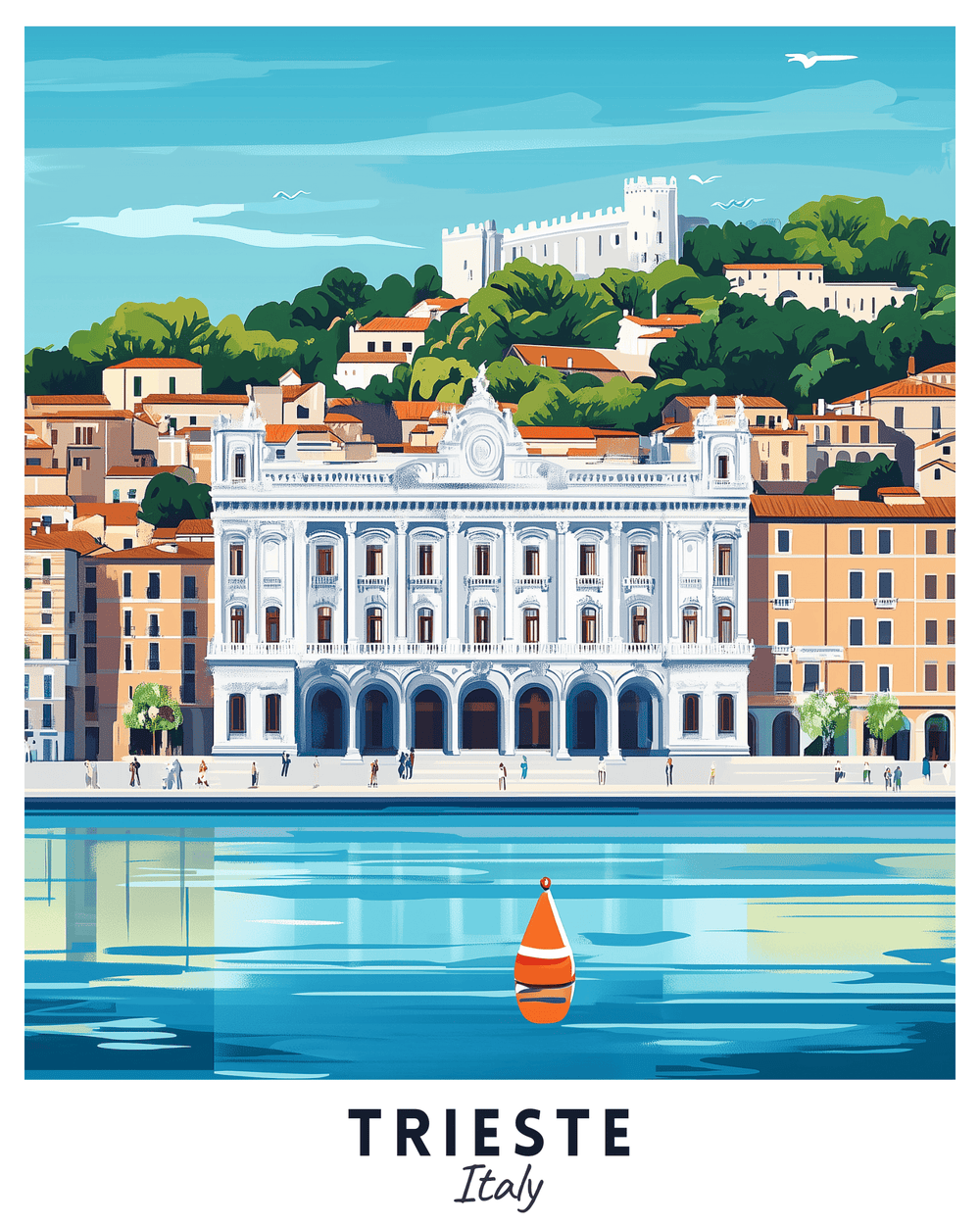 A travel poster depicting the city of Trieste, Italy, with a clear blue sky, the cityscape, and the Adriatic Sea. Beautiful paint by numbers travel poster.