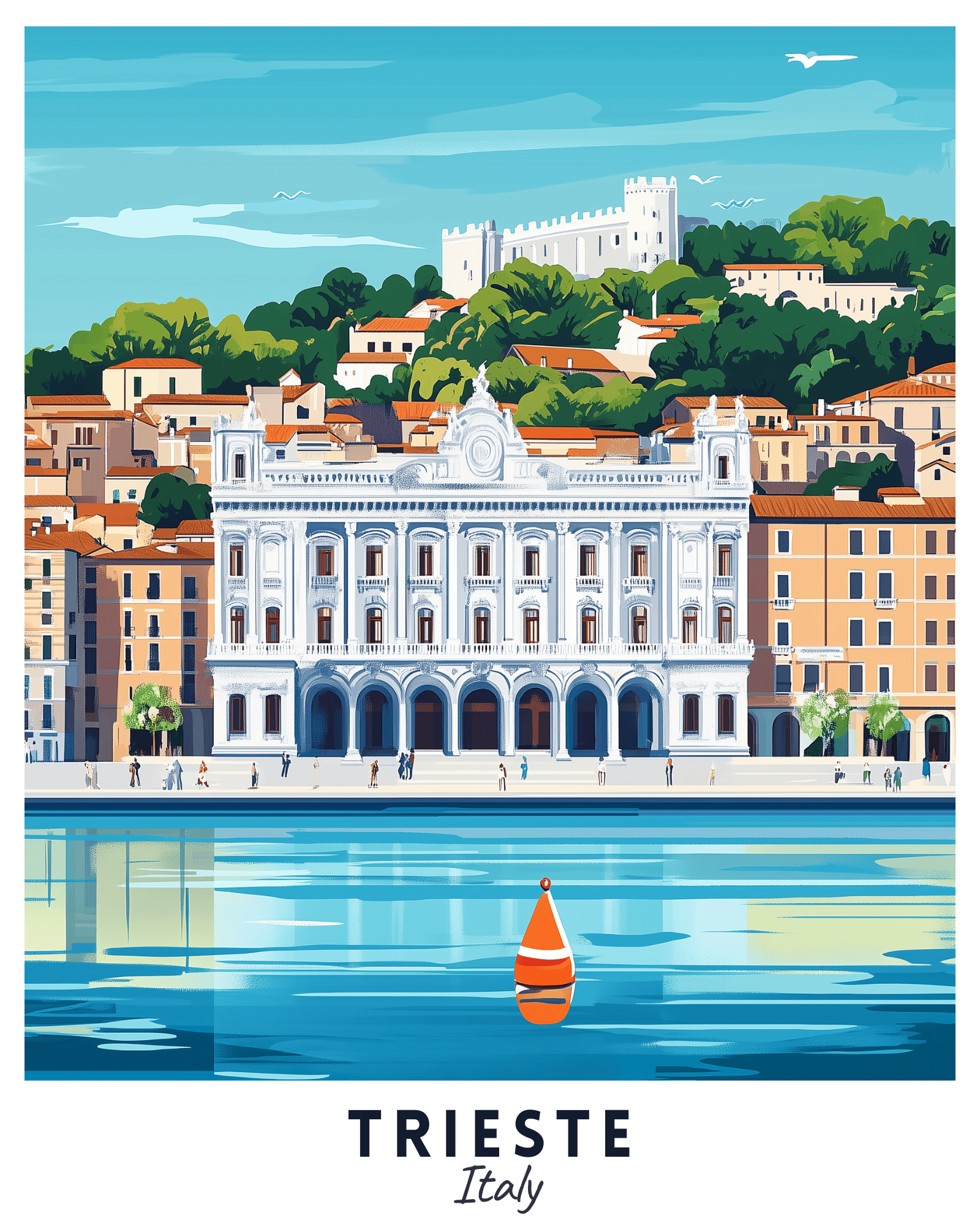A travel poster depicting the city of Trieste, Italy, with a clear blue sky, the cityscape, and the Adriatic Sea. Beautiful paint by numbers travel poster.