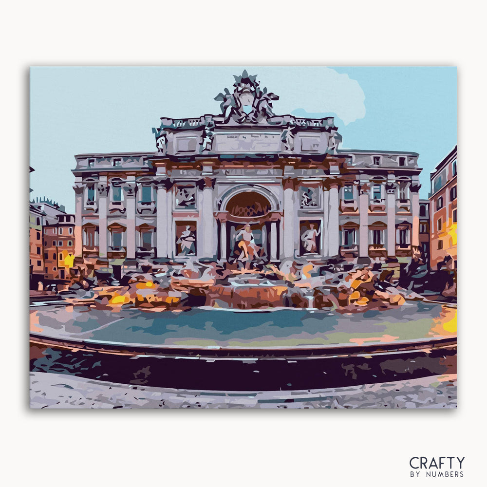 A paint-by-numbers kit image featuring the Trevi Fountain and Poli Palace in Rome, Italy.