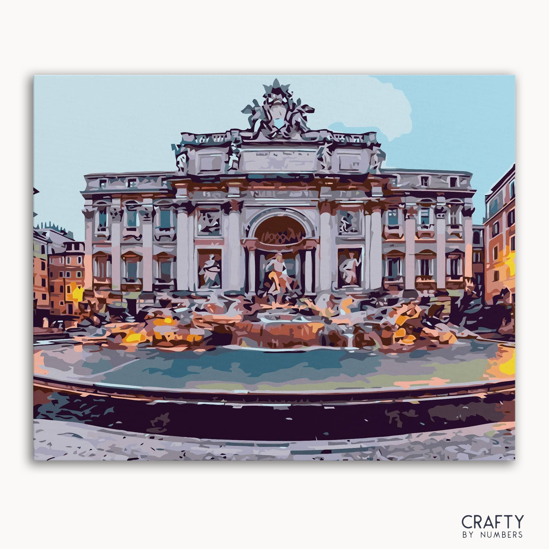 A paint-by-numbers kit image featuring the Trevi Fountain and Poli Palace in Rome, Italy.