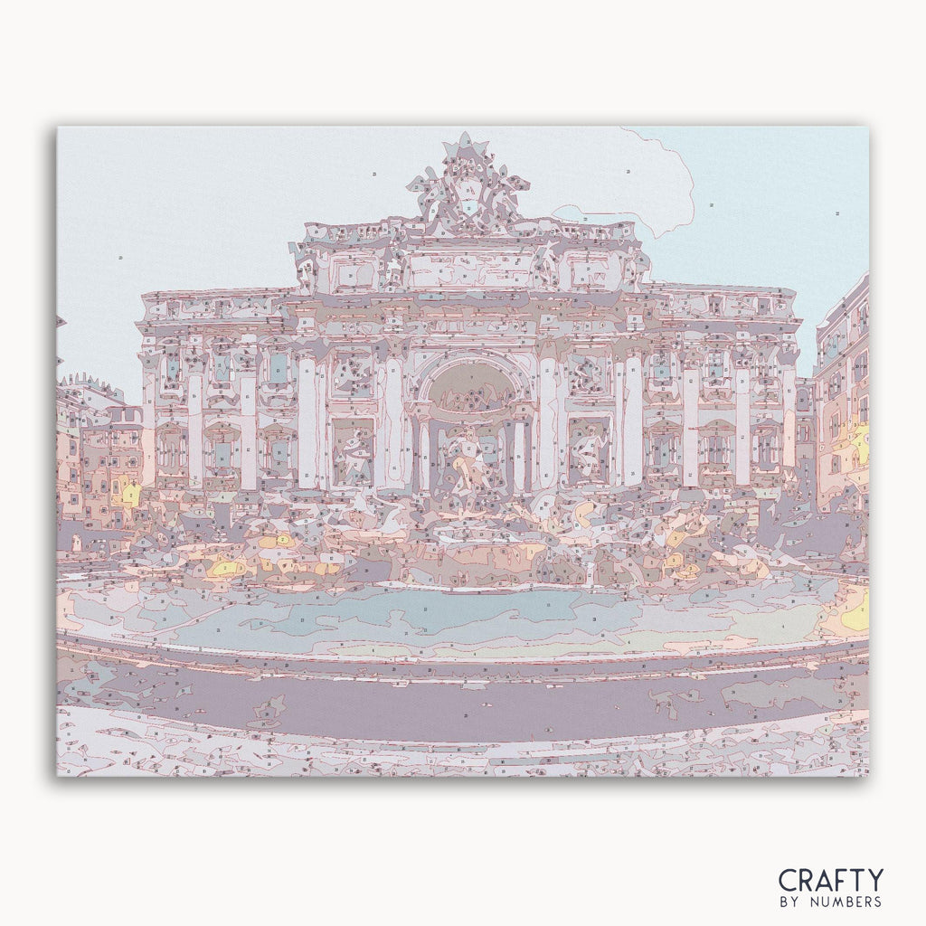 Numbered canvas preview for Trevi Fountain and Poli Palace, with lightly printed color sections.