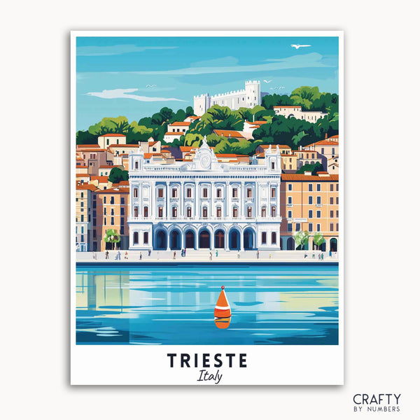 A travel poster depicting the city of Trieste in Italy with a view of the Palazzo del Municipio, the sea, and a castle on a hill.