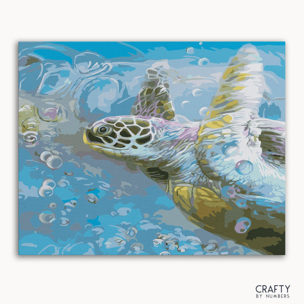 A paint-by-numbers kit image featuring a turtle in a body of water with bubbles.