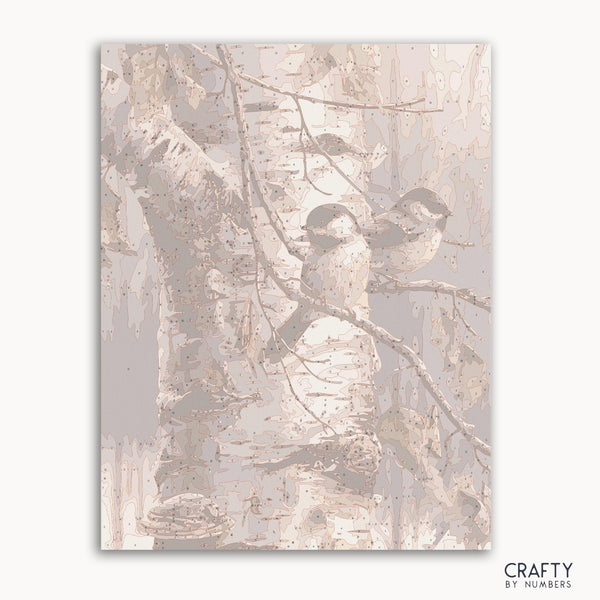 Two friend birds perched on a birch tree in a paint by number style, inspired by famous paintings, vincent van gogh famous paintings, most famous paintings, famous landscape paintings.