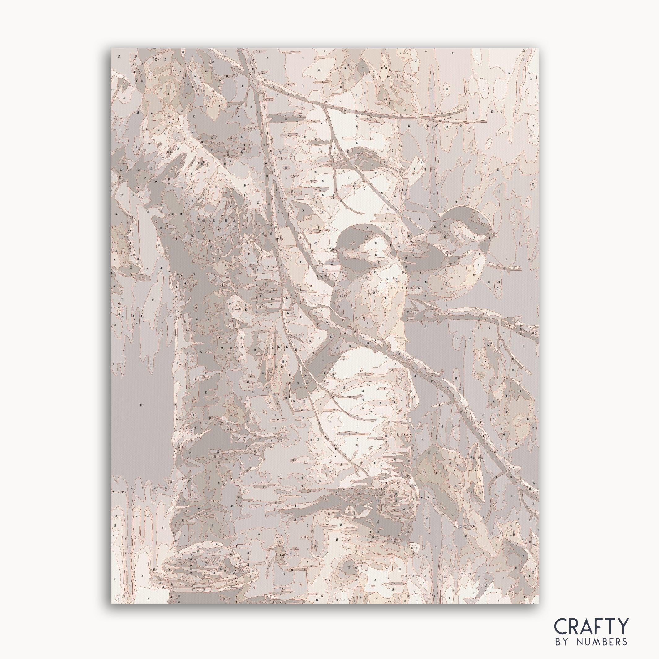 Two friend birds perched on a birch tree in a paint by number style, inspired by famous paintings, vincent van gogh famous paintings, most famous paintings, famous landscape paintings.