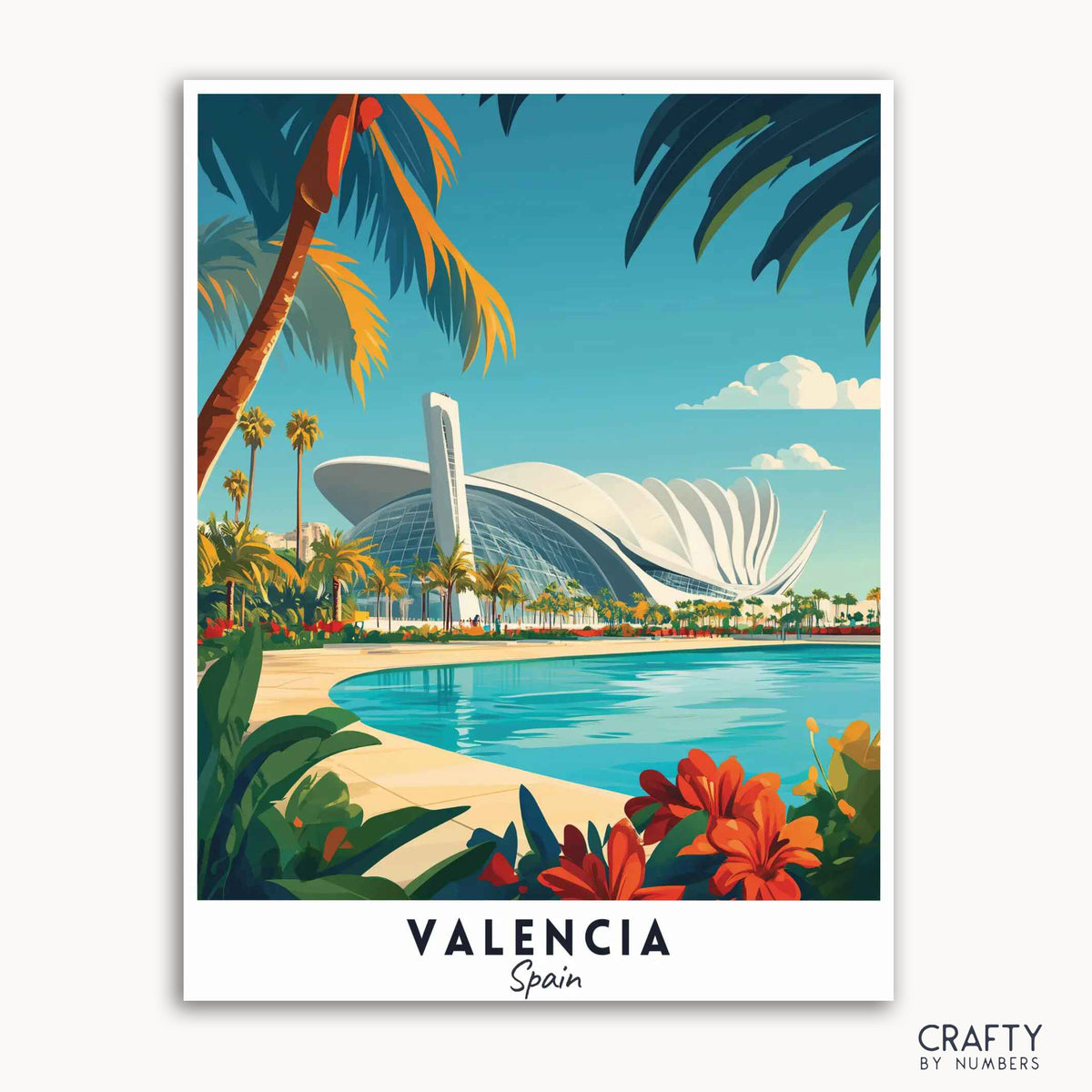 Une affiche de voyage présentant l'architecture futuriste de la Cité des Arts et des Sciences de Valence, en Espagne, avec des palmiers, un ciel bleu et des fleurs éclatantes.
