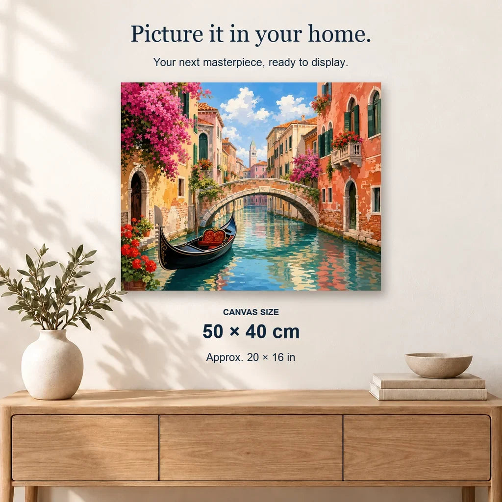 Venetian Canal Bloom displayed on a sunlit wall above an oak cabinet. Canvas size 50 × 40 cm.