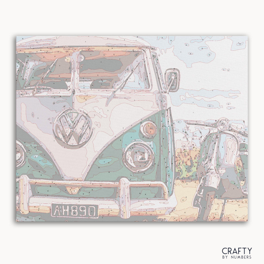 VW Van with Scooter parked by a colorful street scene inspired by famous paintings and vincent van gogh famous paintings styles.