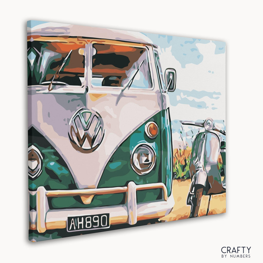 Angled view of the VW Van With Scooter canvas artwork.