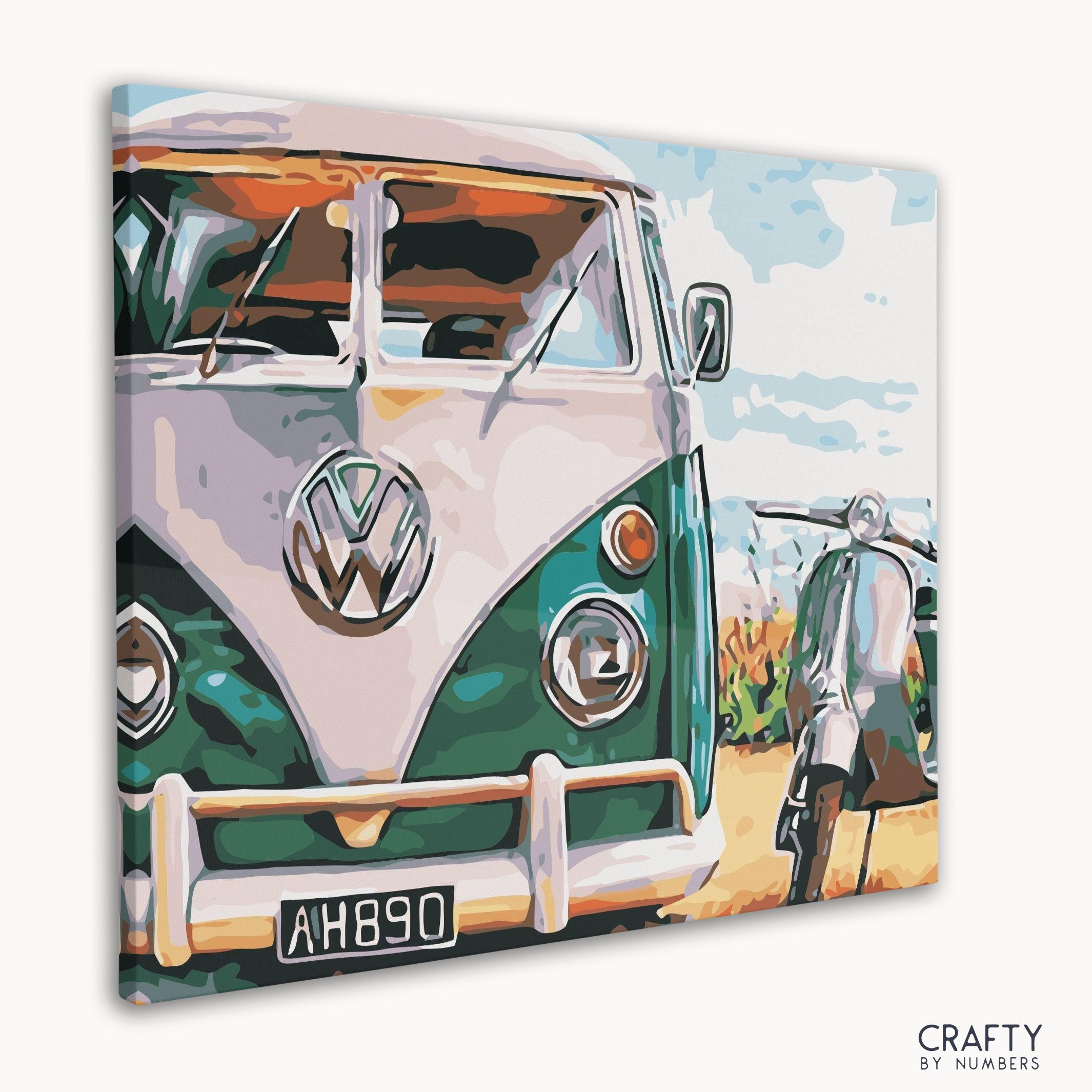 Vintage VW Van with Scooter in a landscape resembling most famous paintings and famous landscape paintings by famous artists paintings.