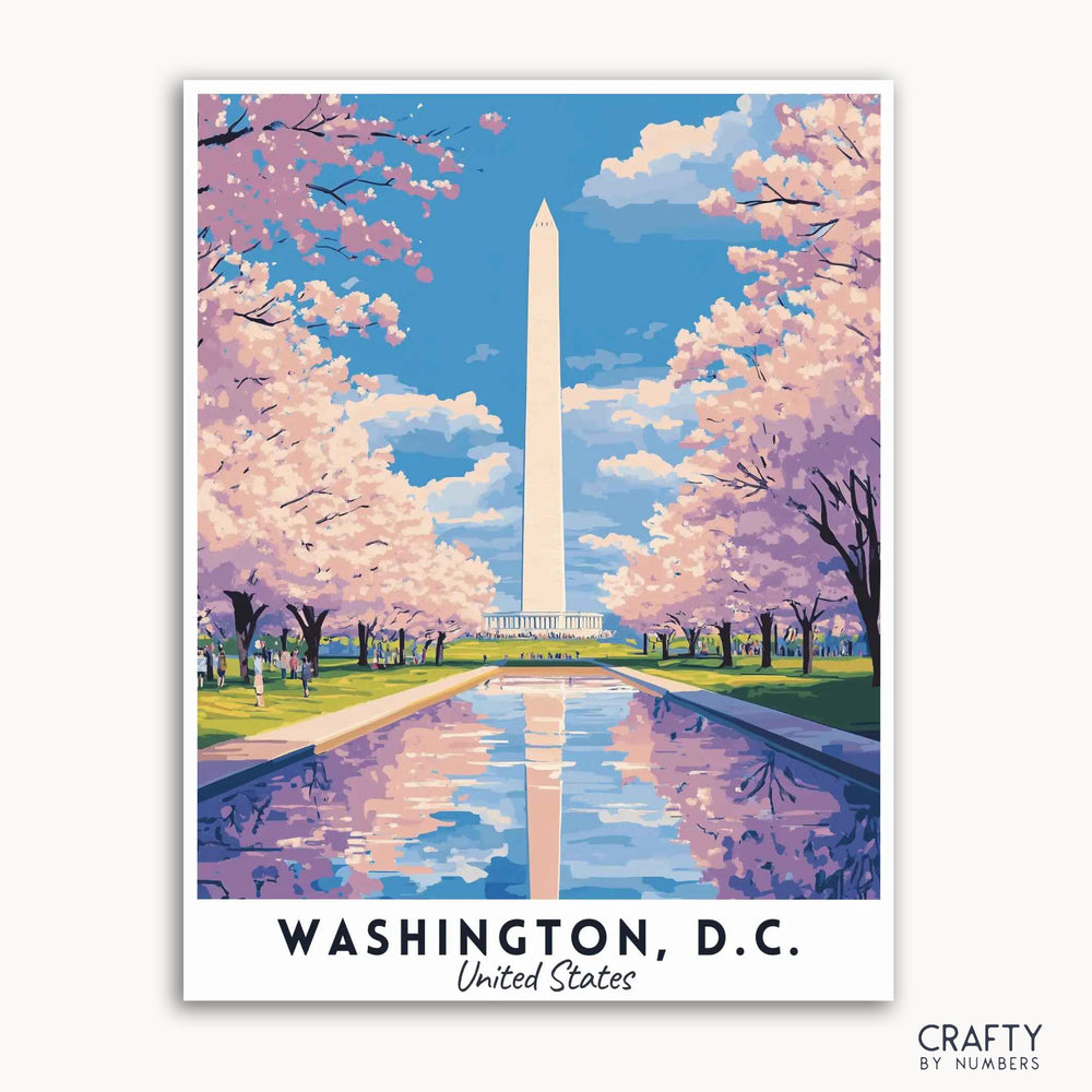 A travel poster depicting the Washington Monument with cherry blossoms in the foreground, reflecting in water, under a clear blue sky. The poster is labeled with 'WASHINGTON, D.