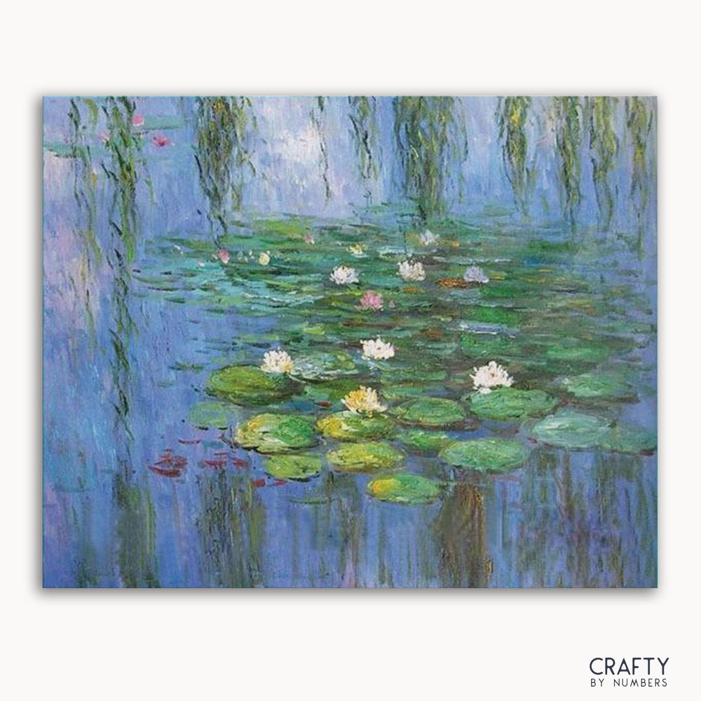 A 'Water Lily' painting by Claude Monet, featuring lilies in a pond with green leaves and blue water.
