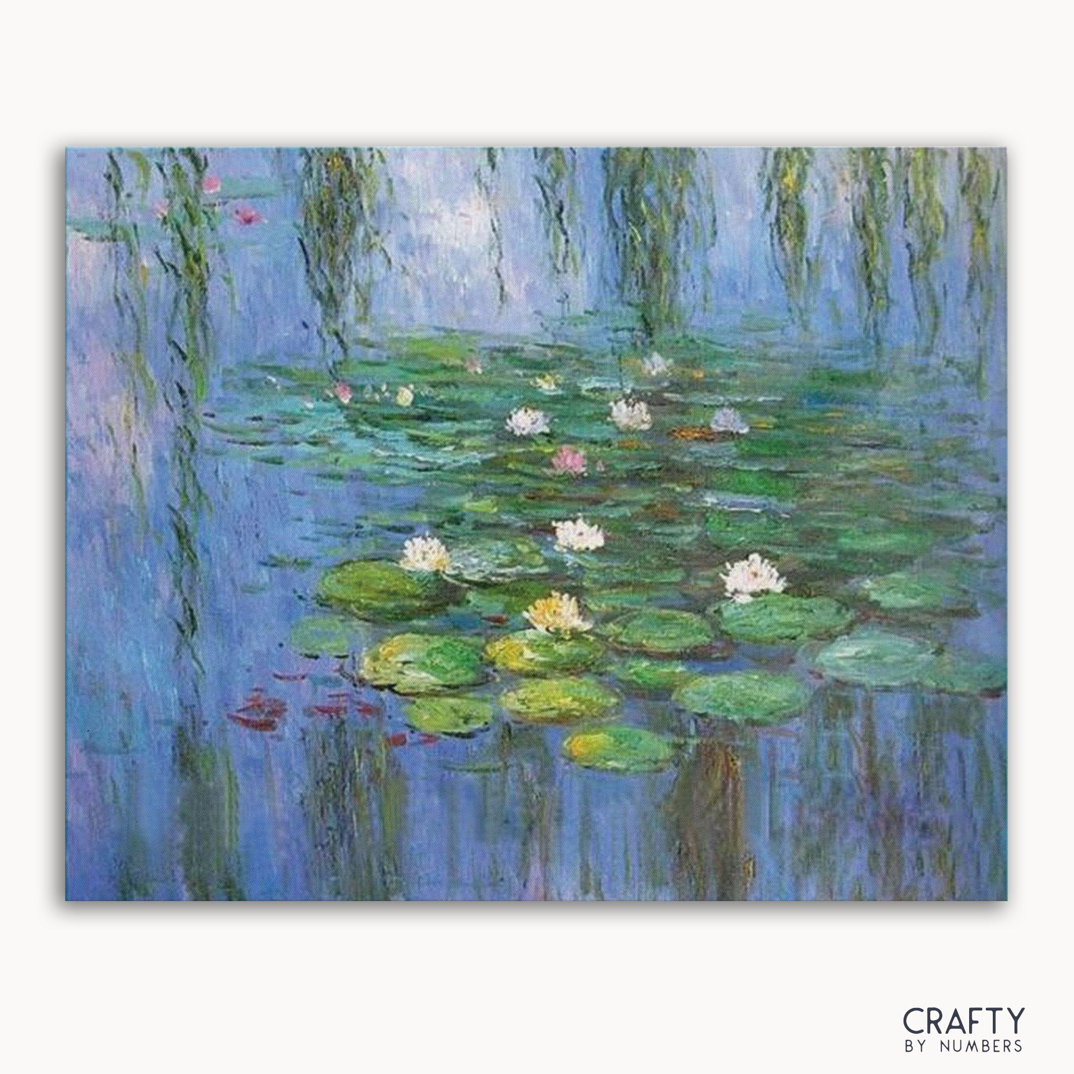 A 'Water Lily' painting by Claude Monet, featuring lilies in a pond with green leaves and blue water.