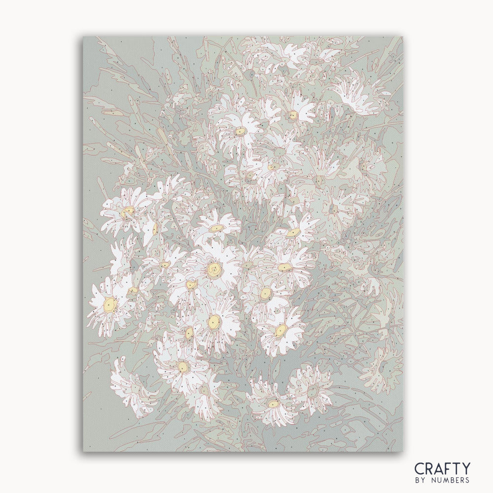 White Roses Daisies paint by number inspired by famous paintings showcasing delicate flowers and nature.