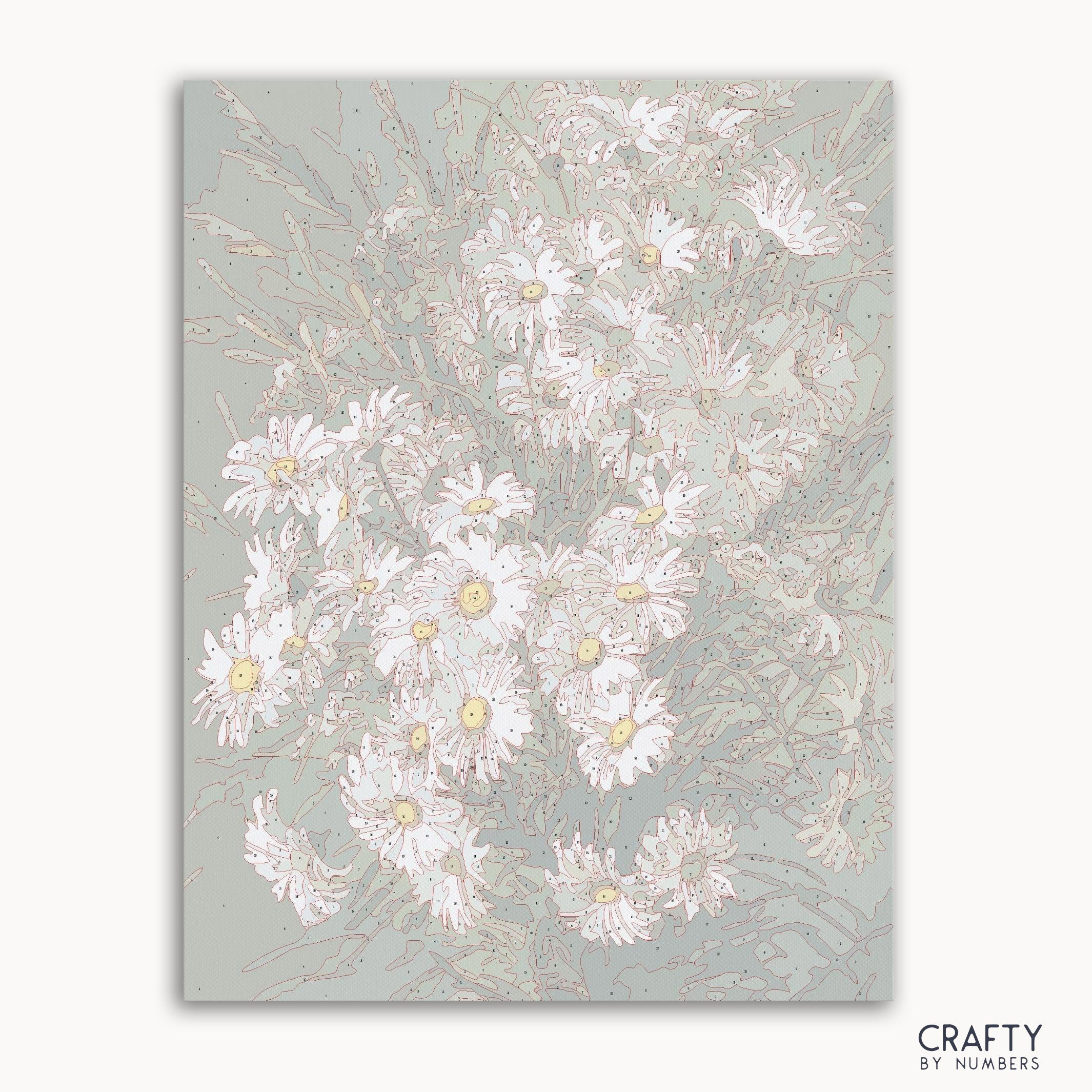 White Roses Daisies paint by number inspired by famous paintings showcasing delicate flowers and nature.
