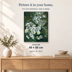 White Roses Daisies displayed on a sunlit wall above an oak cabinet. Canvas size 40 × 50 cm.