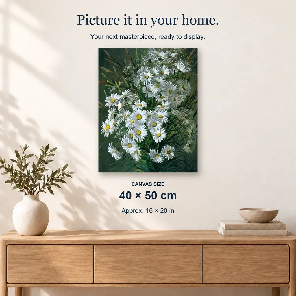 White Roses Daisies displayed on a sunlit wall above an oak cabinet. Canvas size 40 × 50 cm.