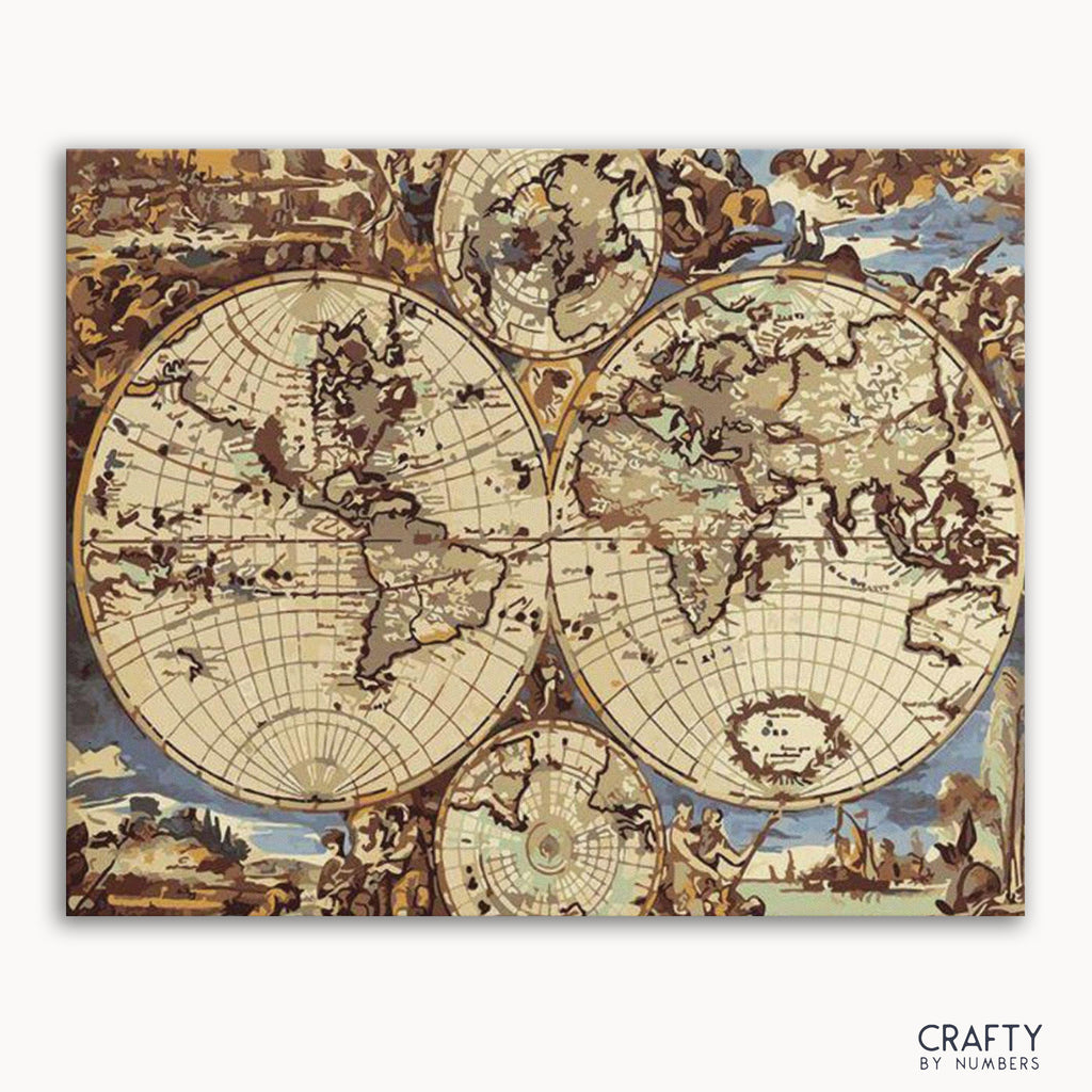 A wooden world map puzzle designed for painting by numbers, with a vintage aesthetic.