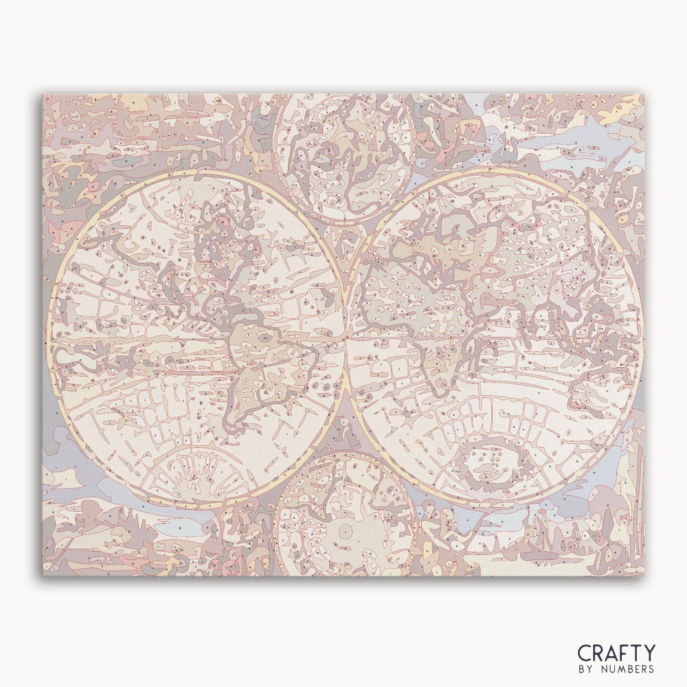 Wooden World Map paint by number featuring intricate details inspired by famous paintings and van gogh famous paintings styles.