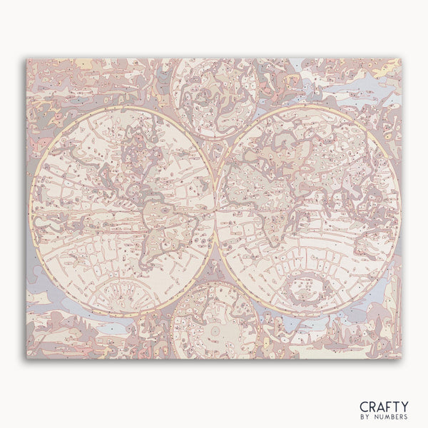 Wooden World Map paint by number featuring intricate details inspired by famous paintings and van gogh famous paintings styles.