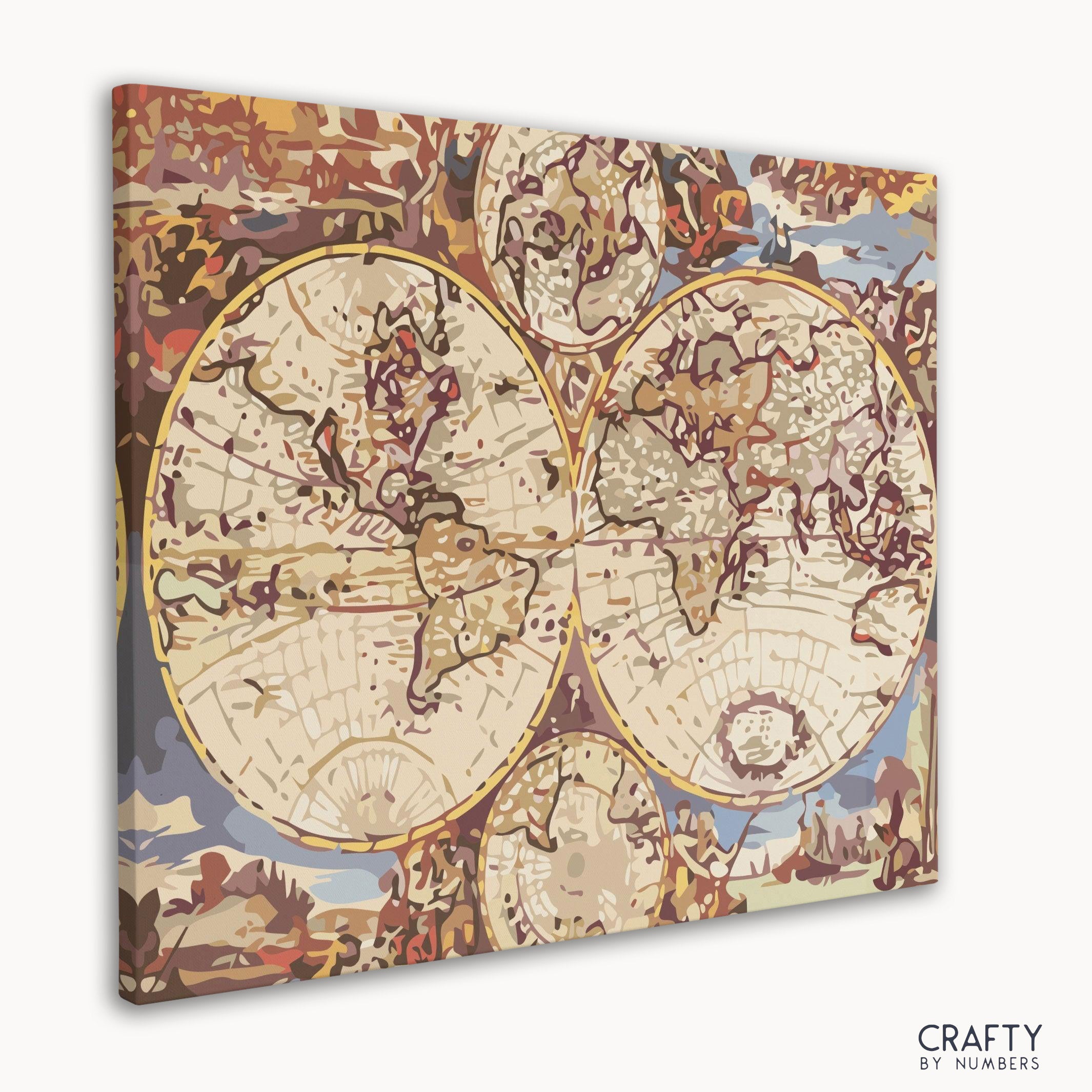 Detailed Wooden World Map paint by number resembling famous landscape paintings and famous flower paintings artistry.