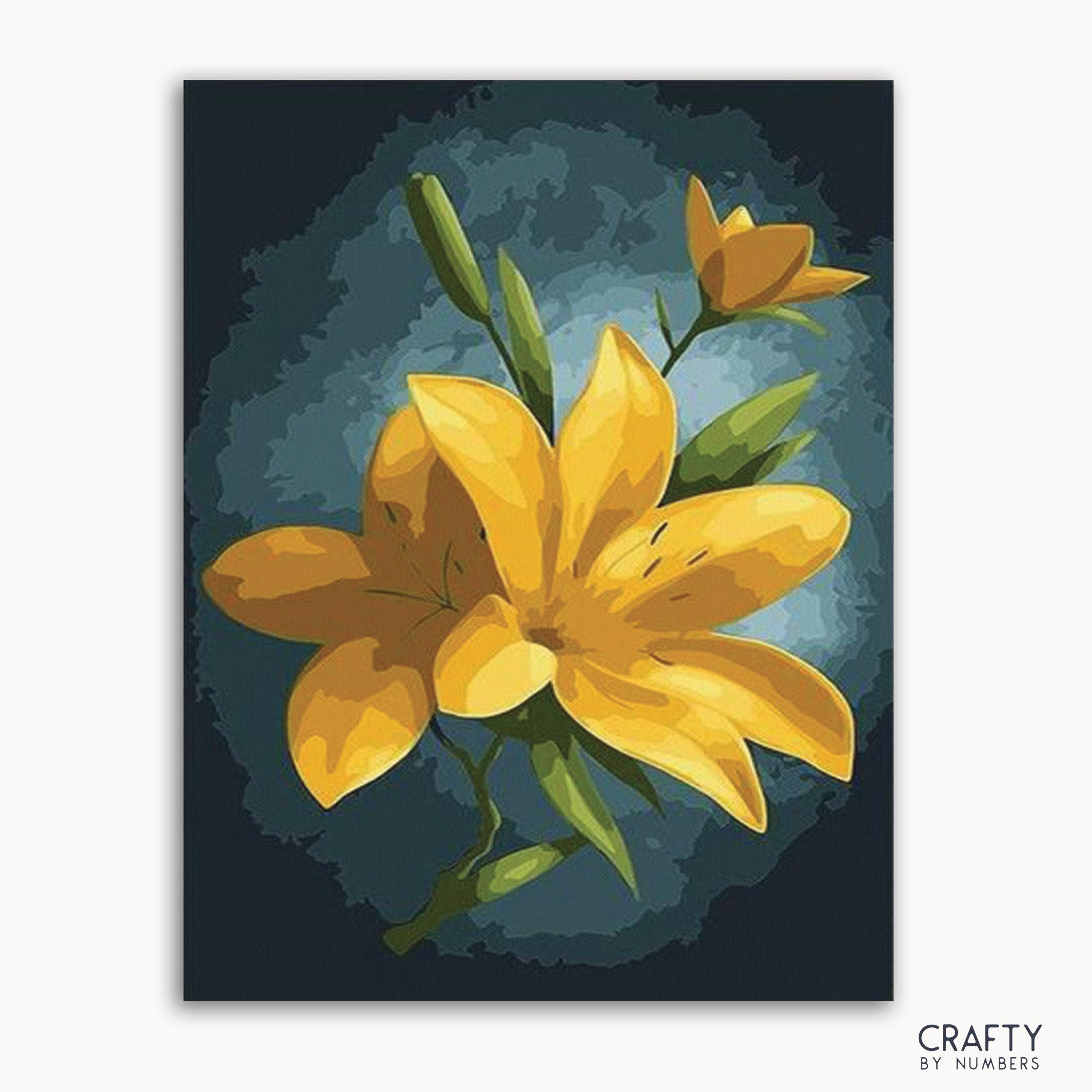A paint-by-numbers kit depicting a vibrant yellow lotus flower with green leaves on a dark background.