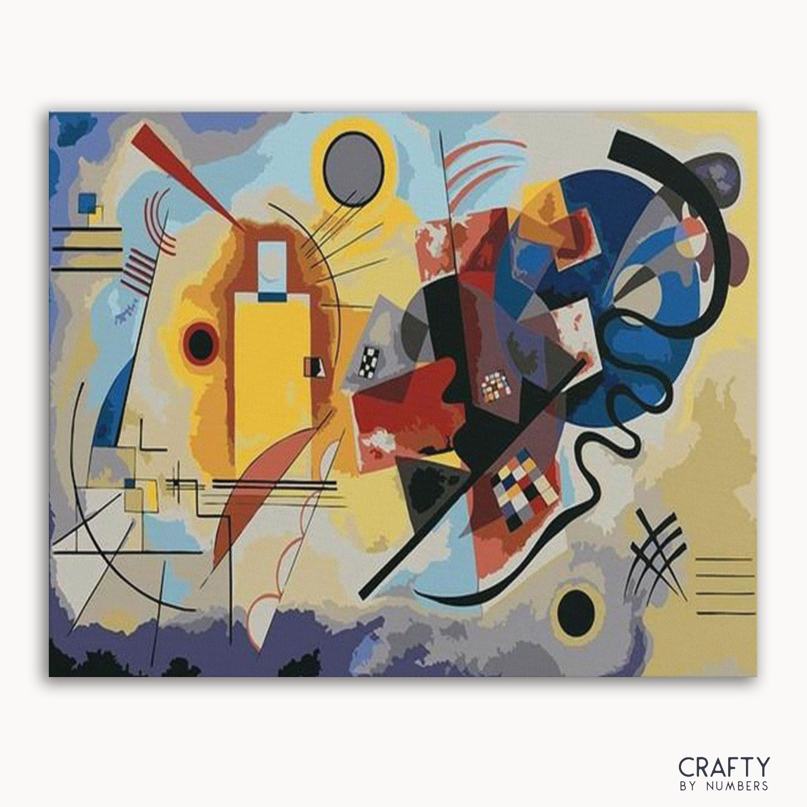 Un kit de peinture par numéros présentant un dessin abstrait avec des éléments jaunes, rouges et bleus proéminents sur fond blanc avec le texte « CRAFTY by NUMBERS ».